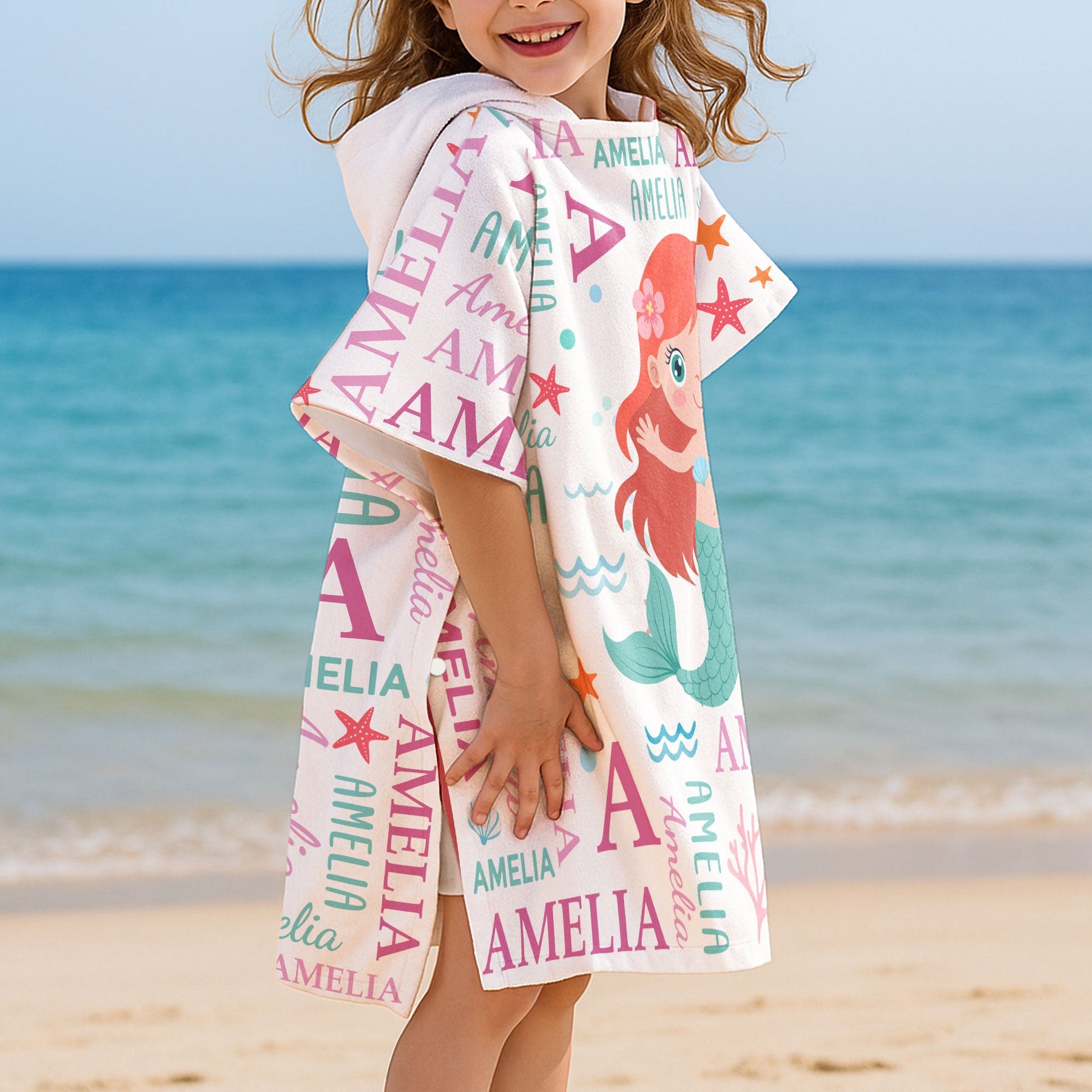 Cute And Beachy Custom Name - Personalized Kids Hooded Towel