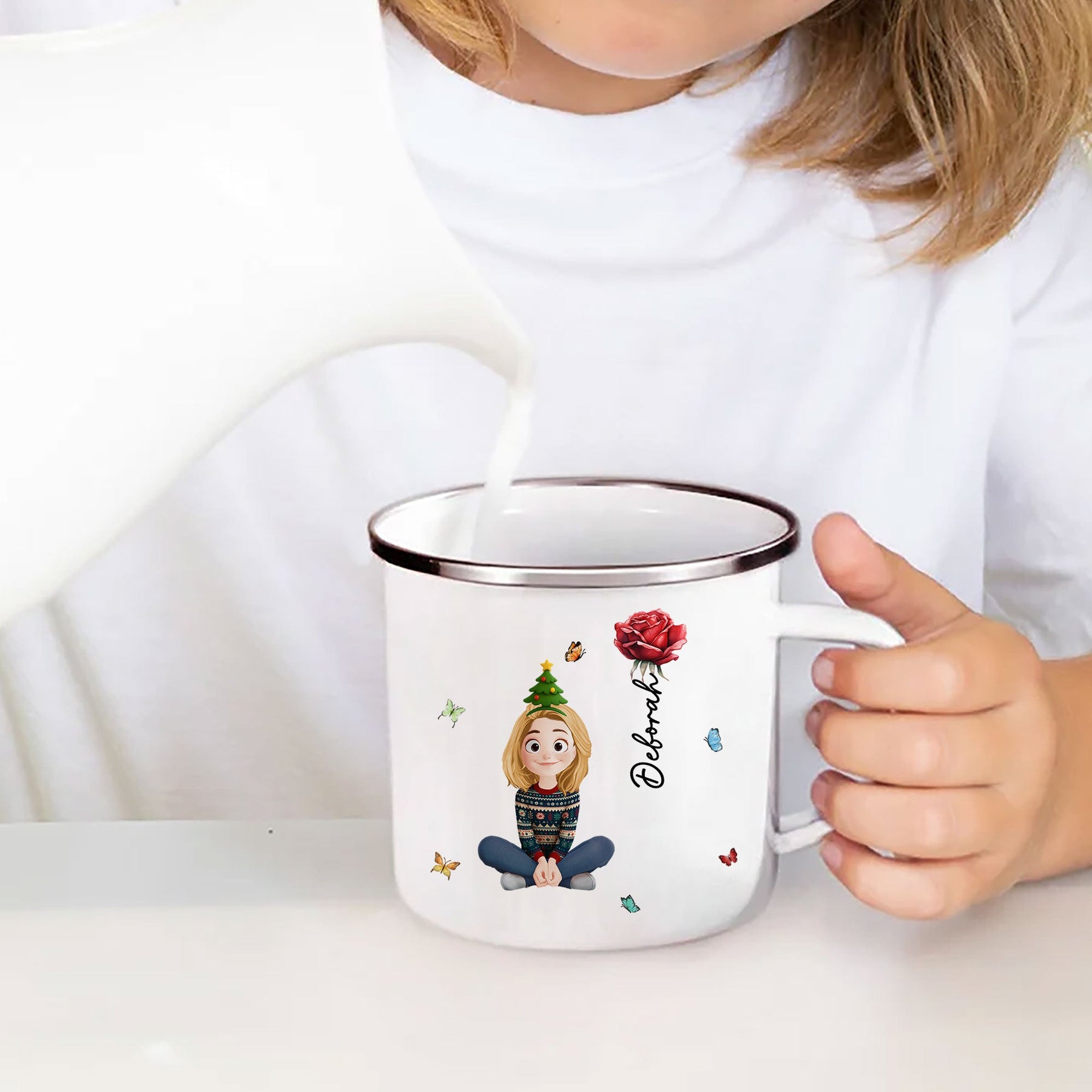 Cute Kid & Birth Flower - Personalized Enamel Mug
