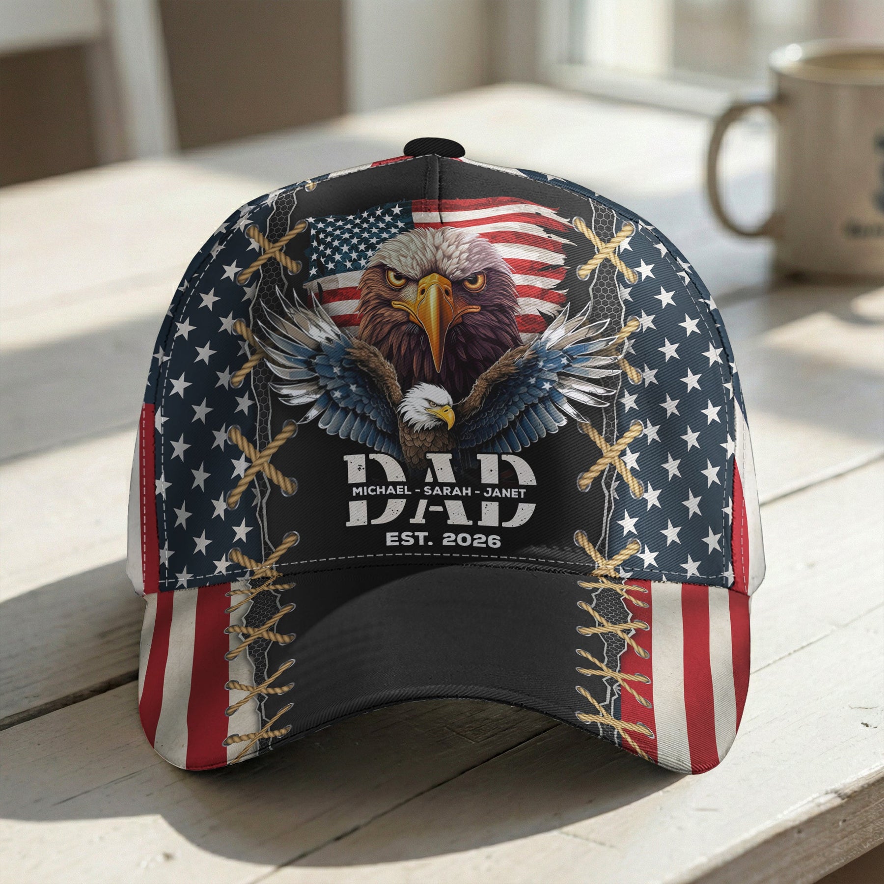 Dad Est American Flag Rustic With Kids' Names - Personalized Classic Cap