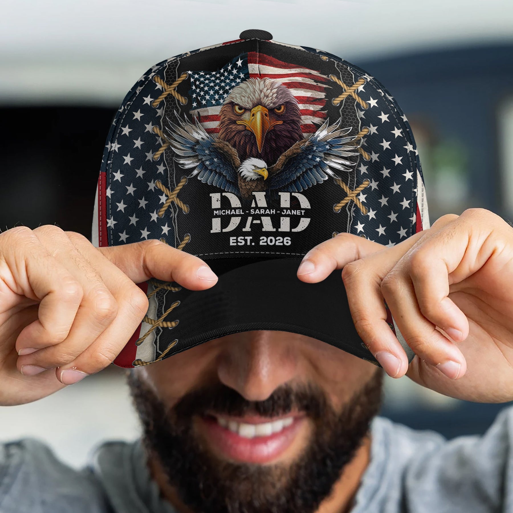 Dad Est American Flag Rustic With Kids' Names - Personalized Classic Cap