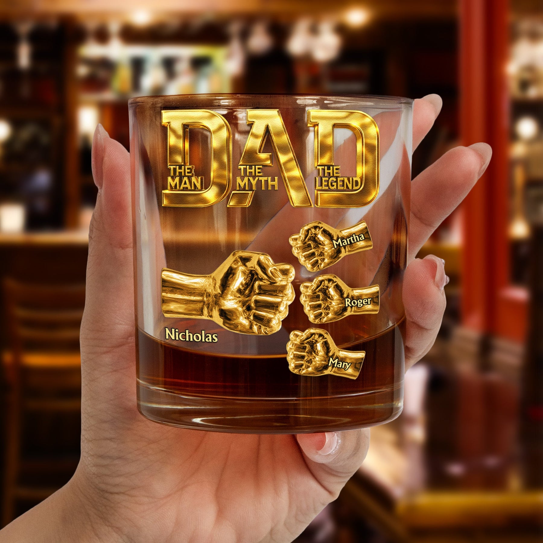 Dad The Man The Myth The Legend - Fist Bump With Kids Names - Personalized Whiskey Glass