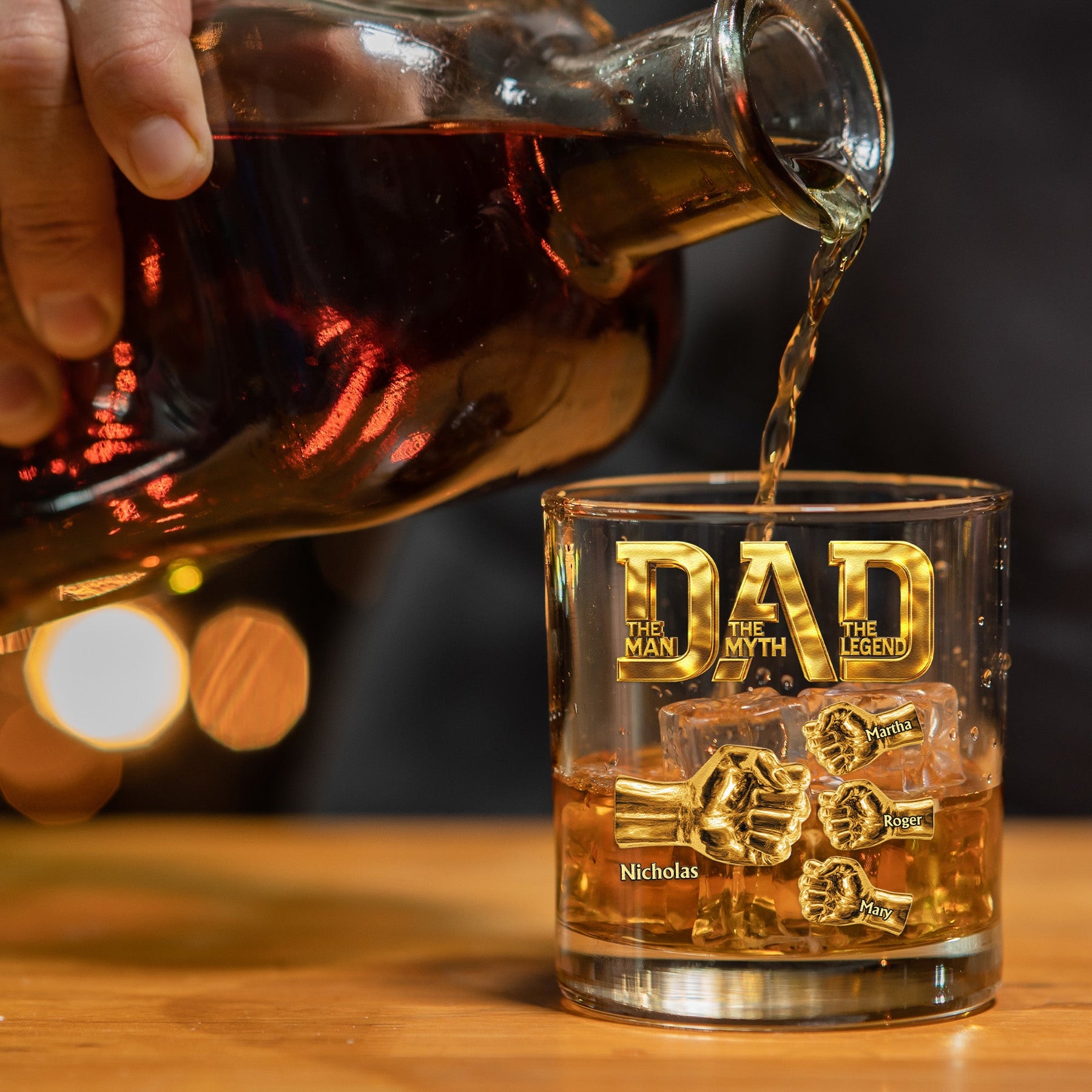 Dad The Man The Myth The Legend - Fist Bump With Kids Names - Personalized Whiskey Glass
