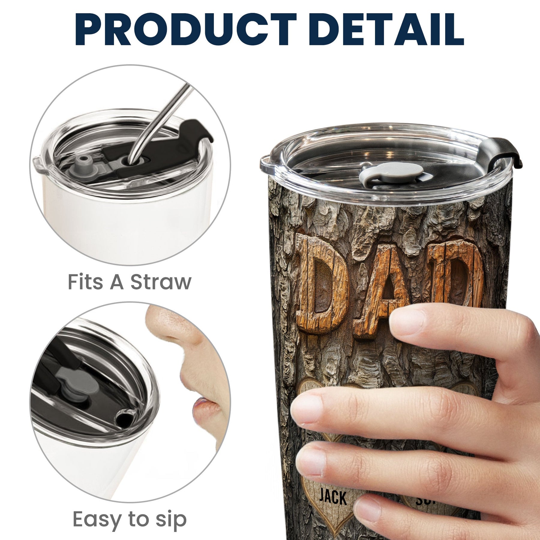 Dad With Kids' Names Wood Carved Printed - Personalized Tumbler Cup