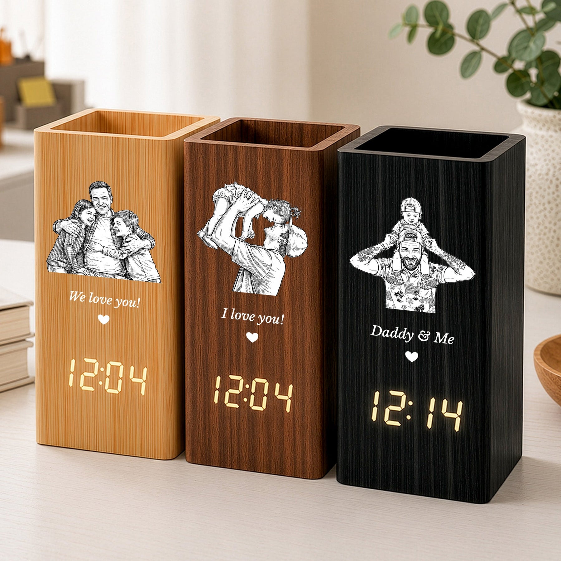 Dad Custom Photo Sketch Line Art Father's Day Gift For Him - Personalized Pen Holder With Clock