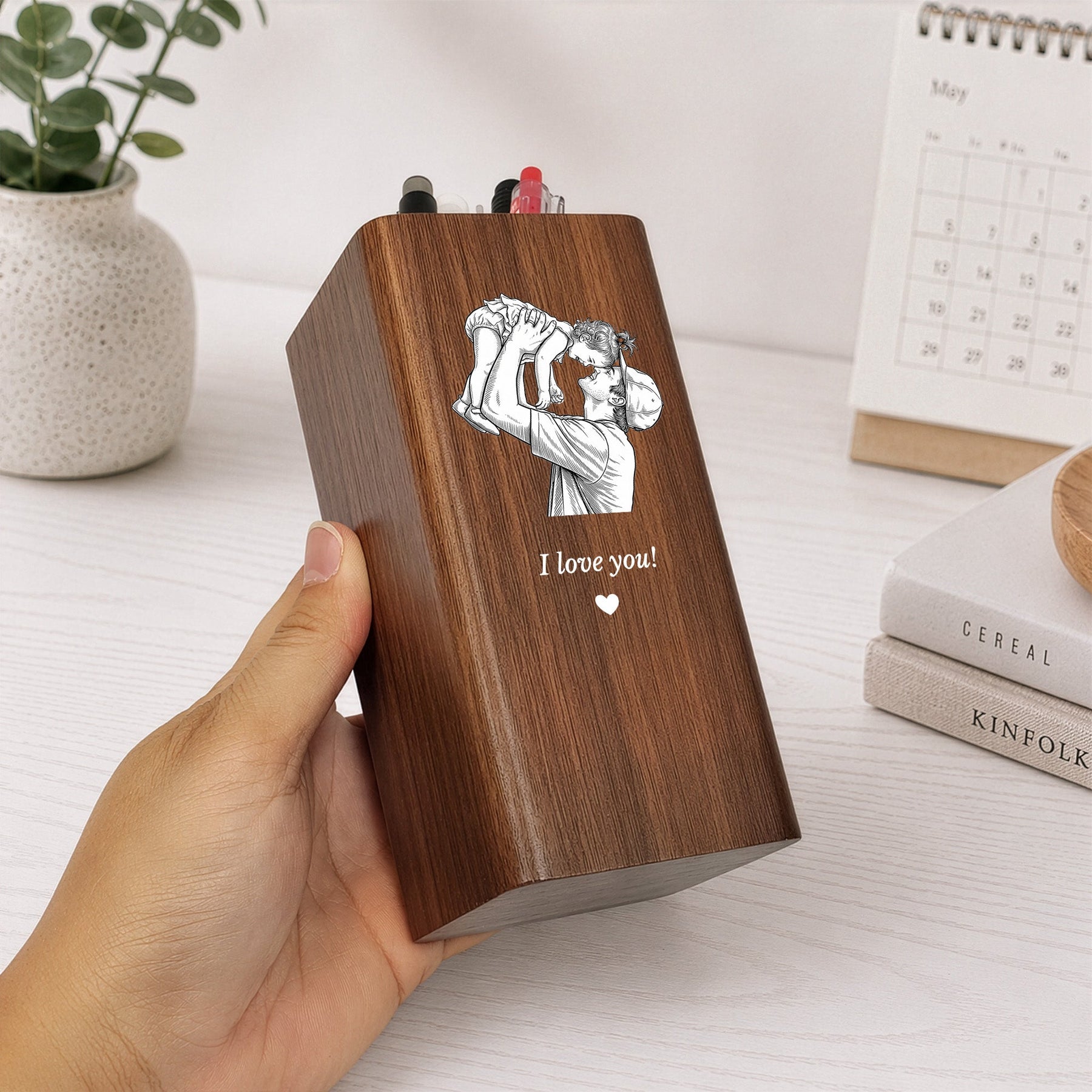 Dad Custom Photo Sketch Line Art Father's Day Gift For Him - Personalized Pen Holder With Clock