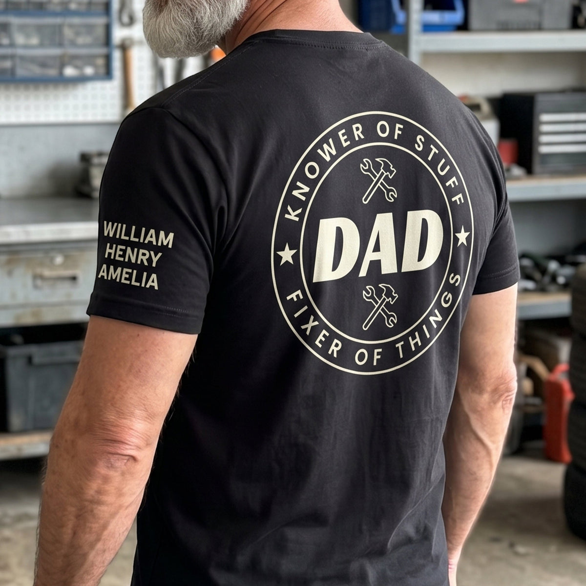 Dad, Papa Knower Of Stuff, Fixer Of Things - With Kids' Names On Sleeves - Up To 10 Names - Personalized Shirt
