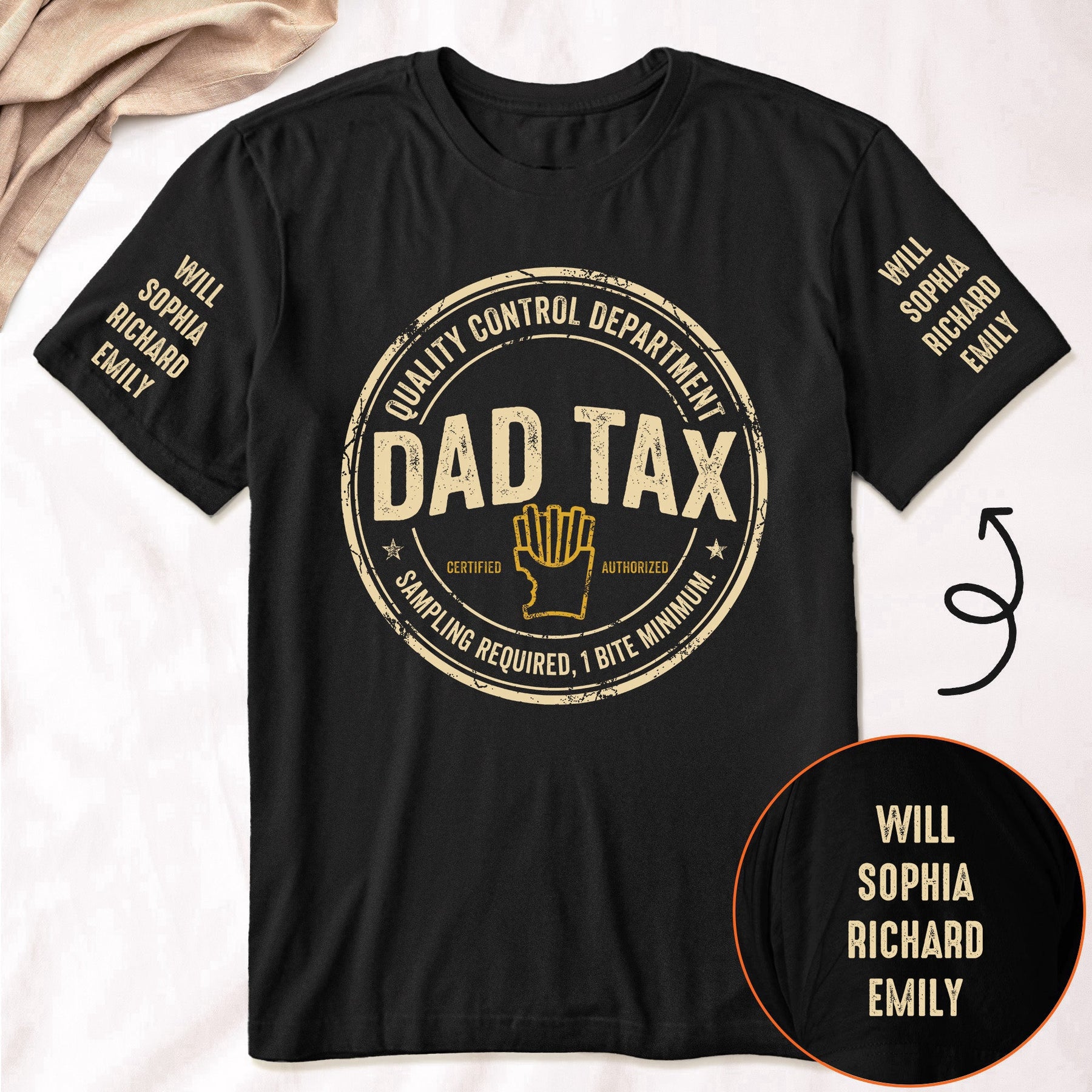Dad Tax - Funny Father's Day Gift - With Kids' Name On Sleeves - Up To 10 Names - Personalized Shirt