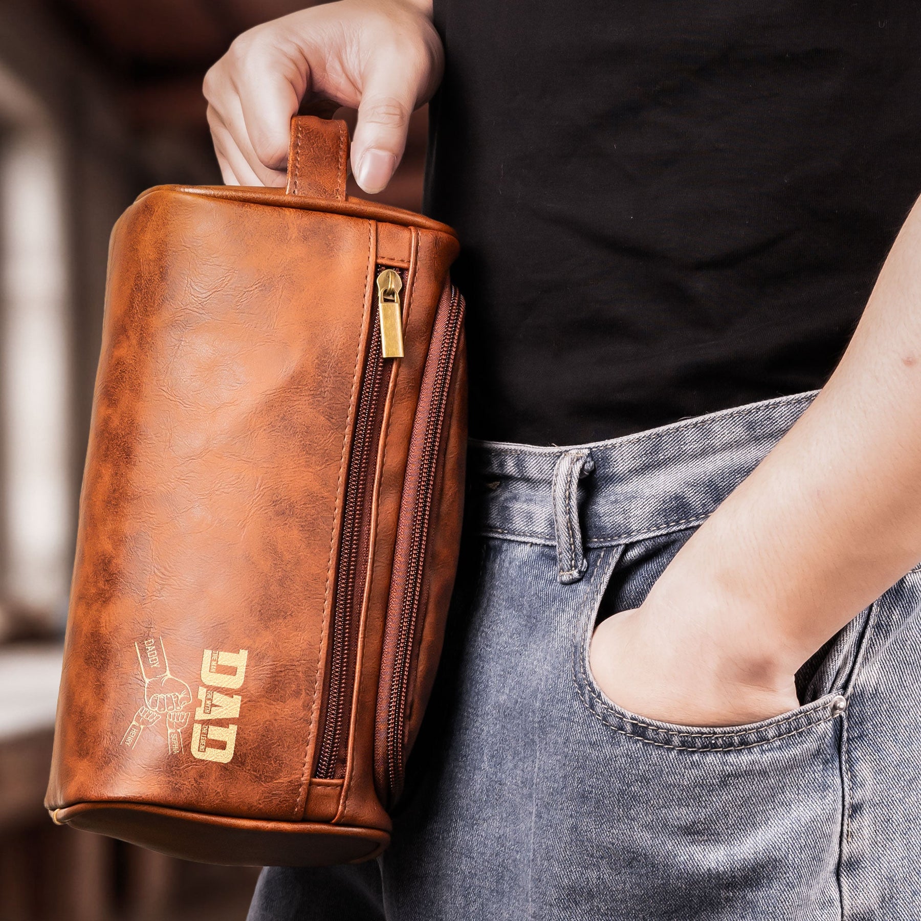 Dad The Man The Myth The Legend Fist Bump - Personalized Leather Toiletry Bag