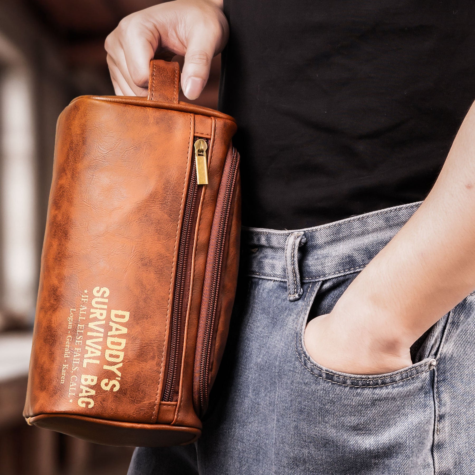 Dad's Survival Bag If All Else Fails - Fun Gifts From Kids - Personalized Leather Toiletry Bag