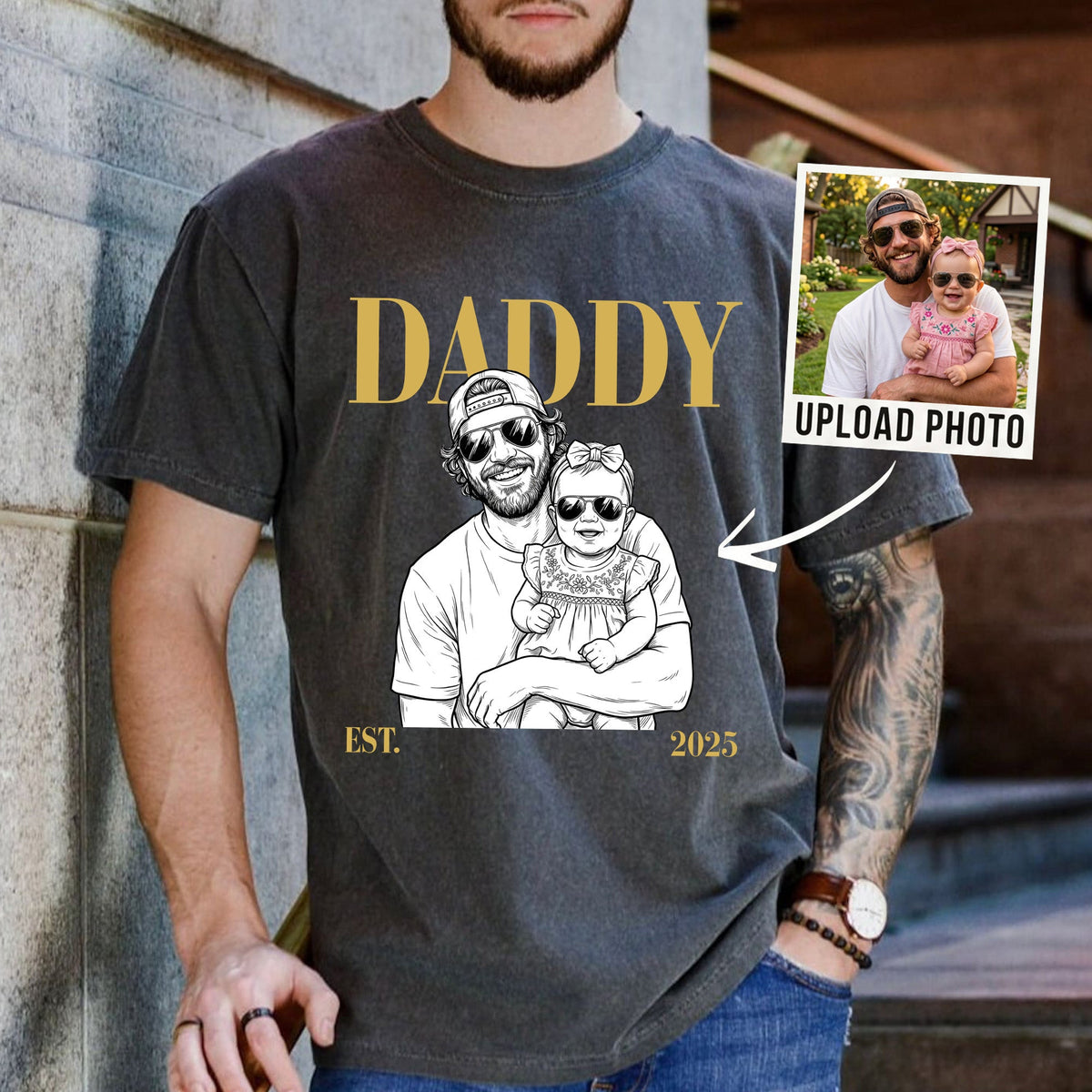 Daddy Est Custom Photo Sketch Line Art Father's Day Gift For Dad, Husband - Personalized Shirt