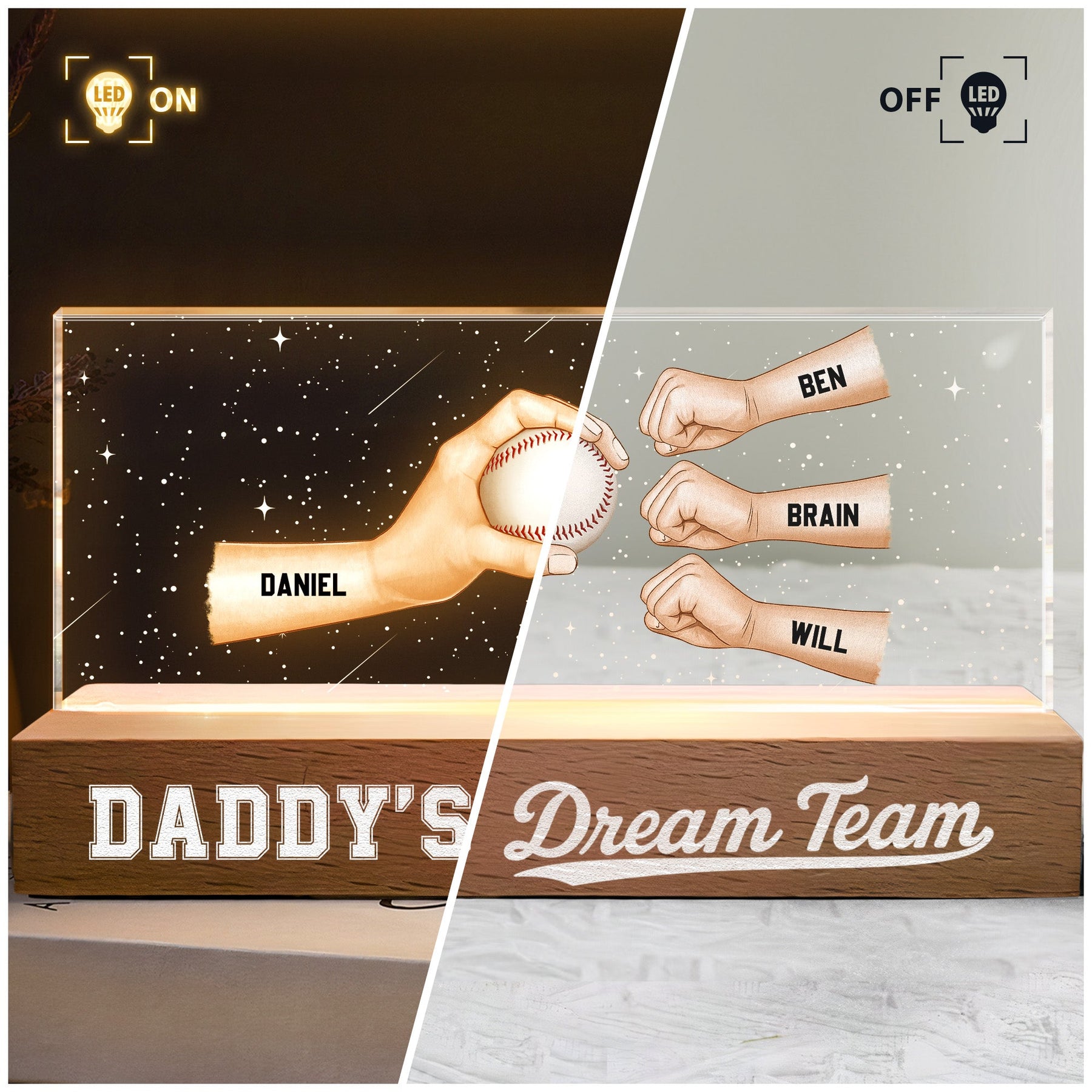 Daddy's Dream Team - Custom Sport Baseball, Soccer, Football - Personalized LED Night Light
