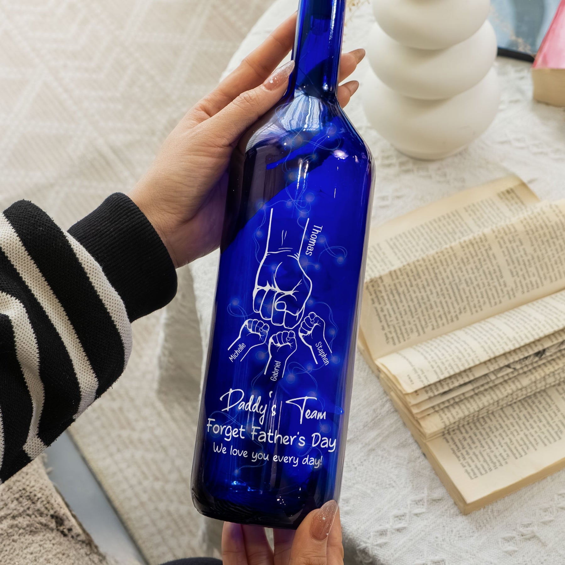 Daddy's Team We Love You Gift For Dad, Grandpa - Personalized Blue Bottle Lamp
