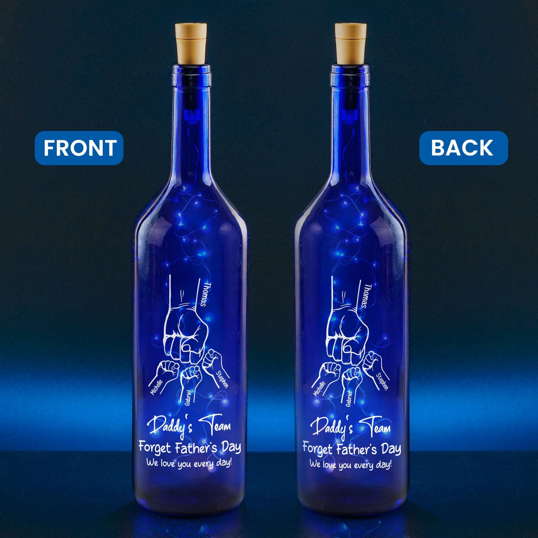 Daddy's Team We Love You Gift For Dad, Grandpa - Personalized Blue Bottle Lamp