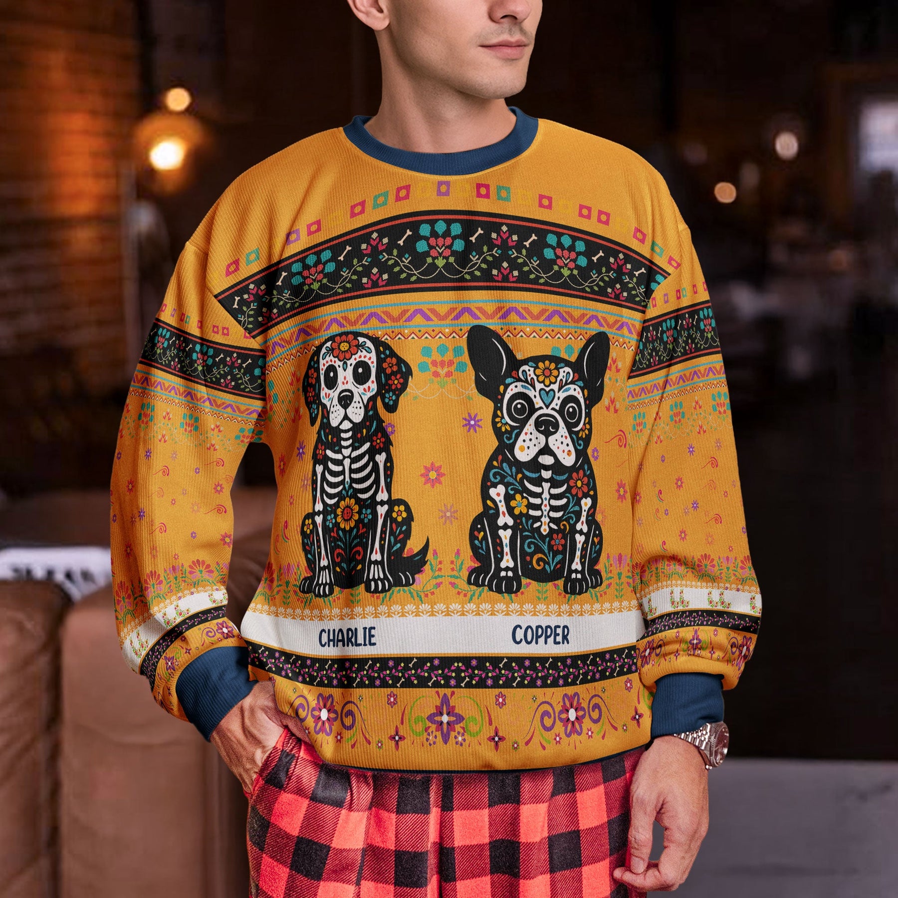 Day Of The Dead Dog Cat Hispanic Mexican Flowers - Personalized Ugly Sweater