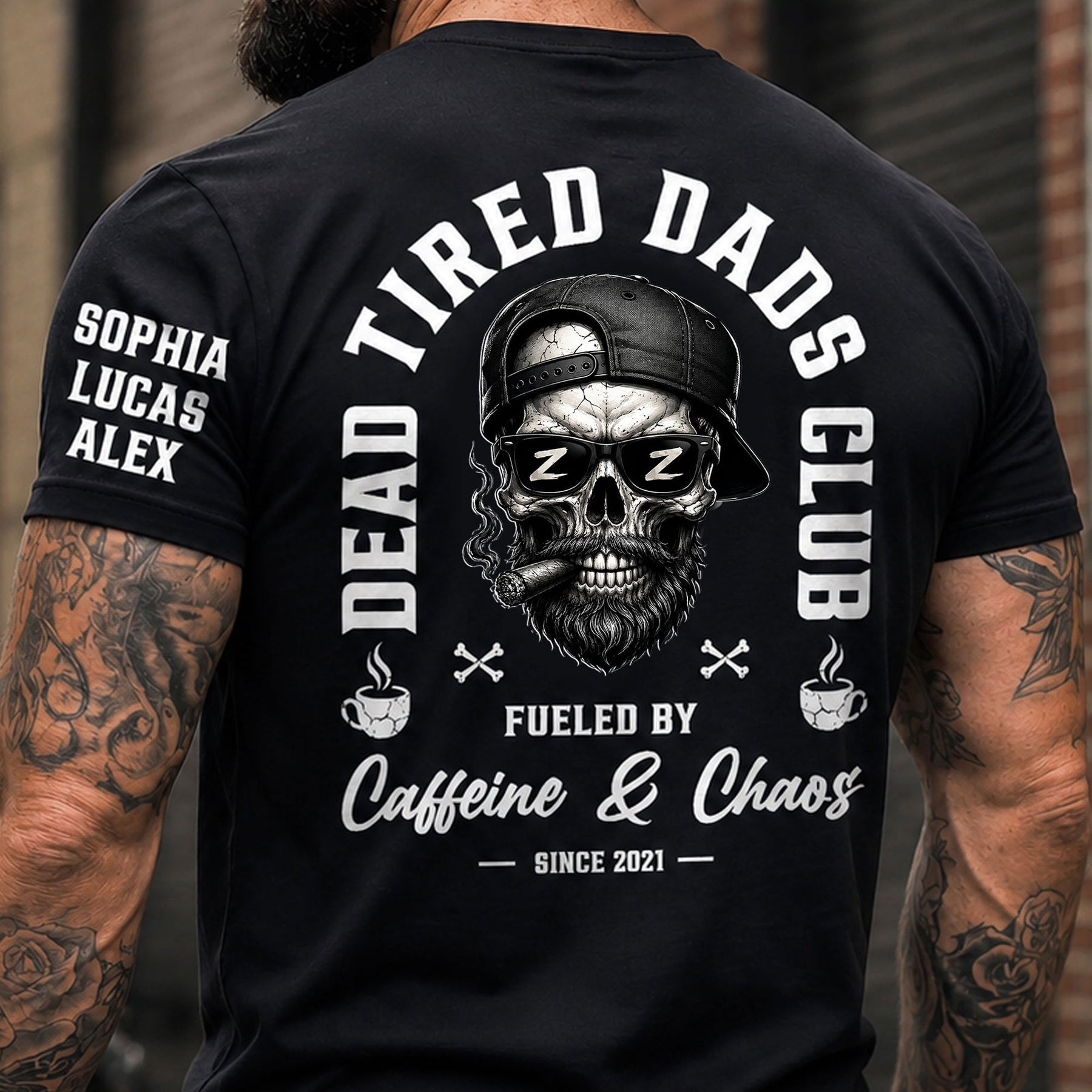Dead Tired Dads Club - Funny Father's Day Gifts Custom Kids' Names On Sleeves - Personalized Shirt
