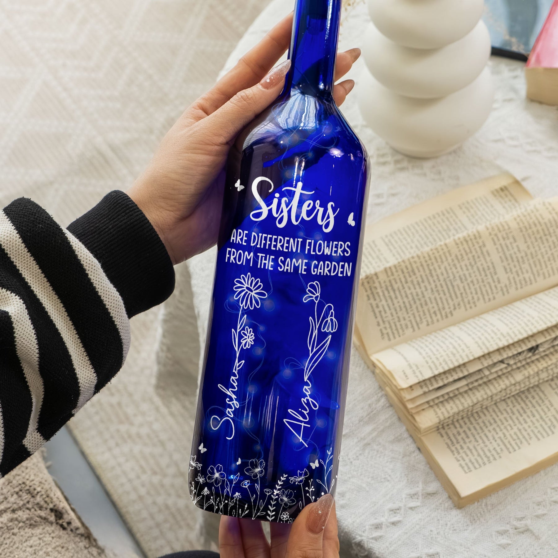 Different Flowers In Same Garden - Personalized Blue Bottle Lamp