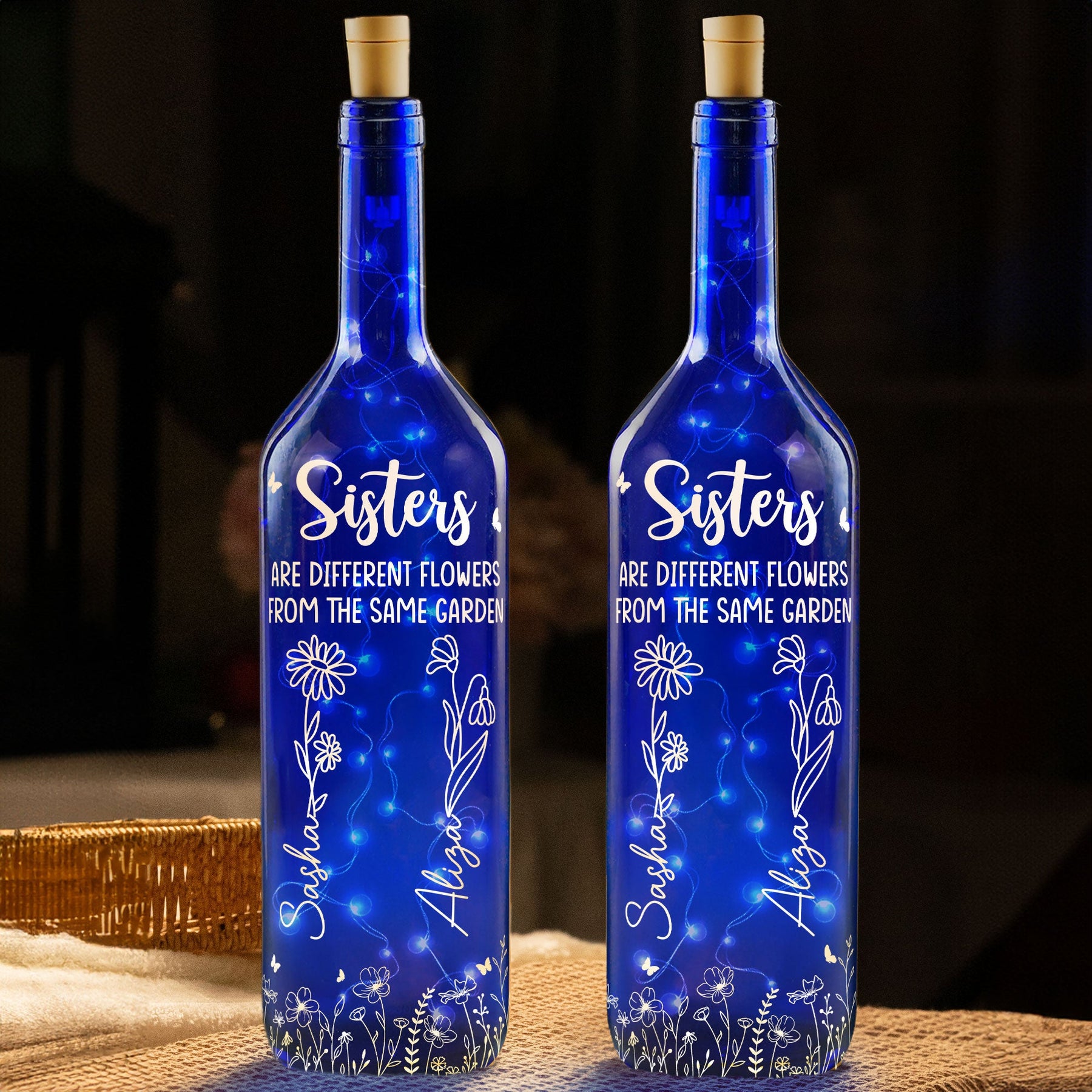 Different Flowers In Same Garden - Personalized Blue Bottle Lamp