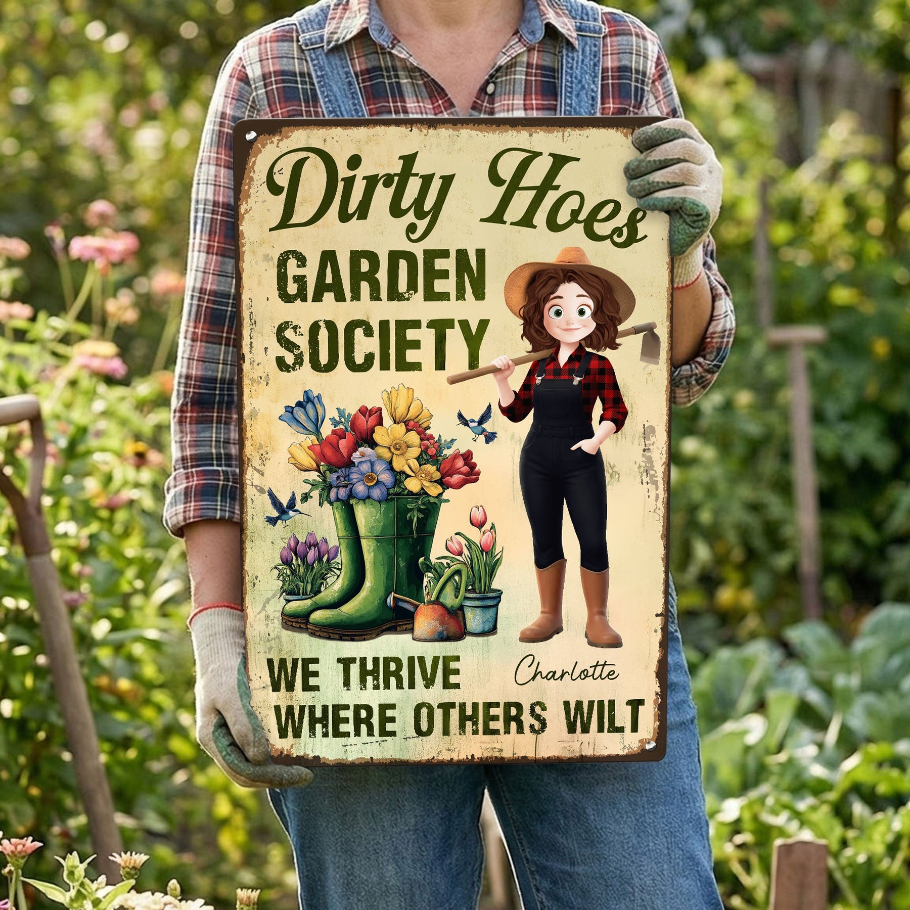 Dirty Hoes Garden Society We Thrive Where Others Wilt - Personalized Metal Sign