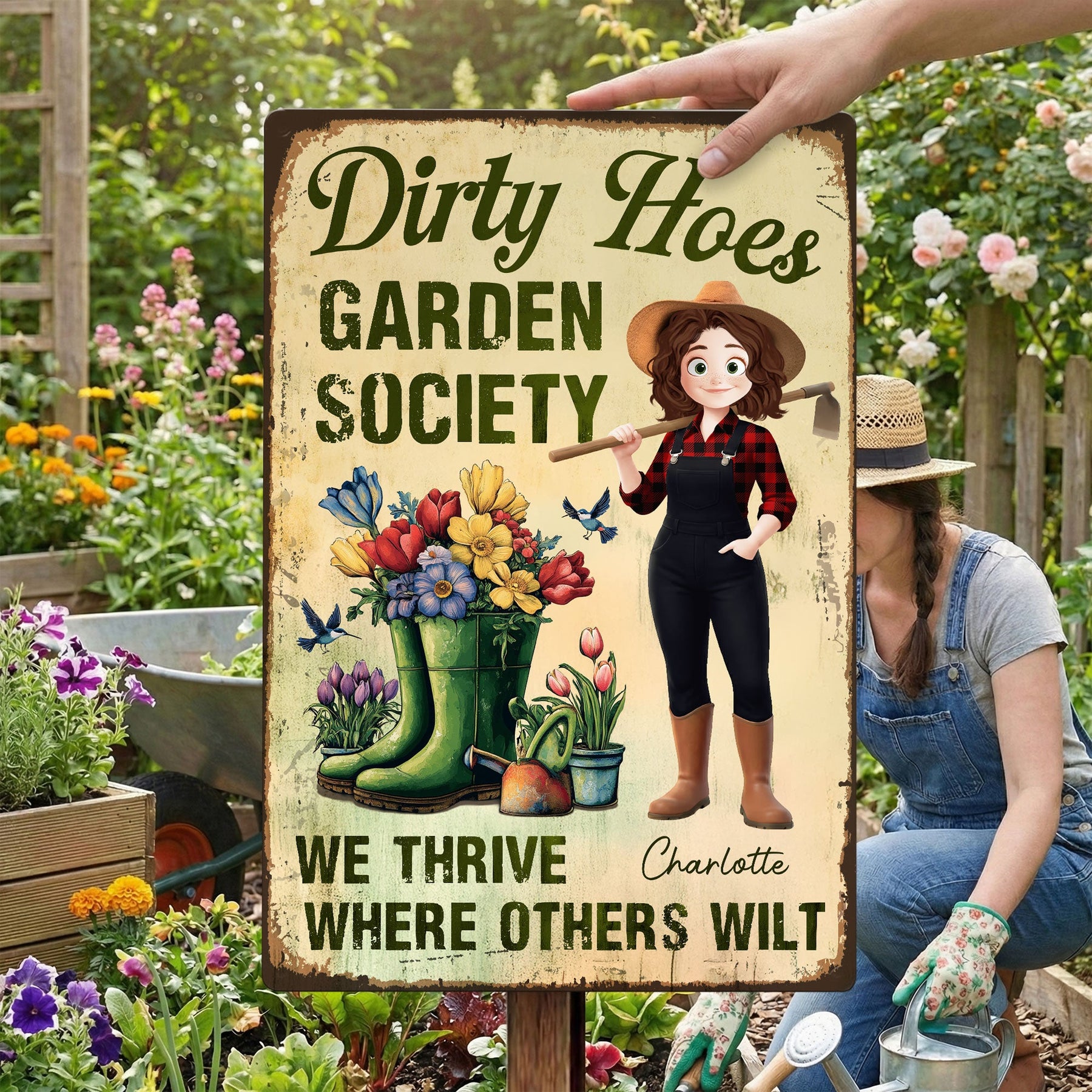 Dirty Hoes Garden Society We Thrive Where Others Wilt - Personalized Metal Sign