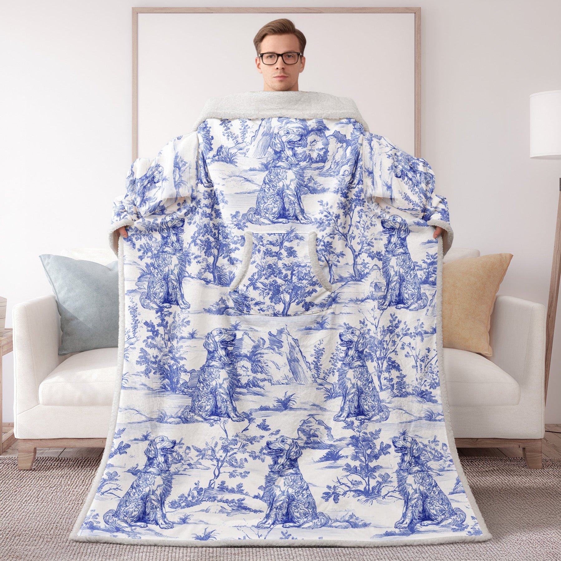 Dog Custom Breeds Toile De Jouy Style - Personalized Wearable Blanket With Sleeves