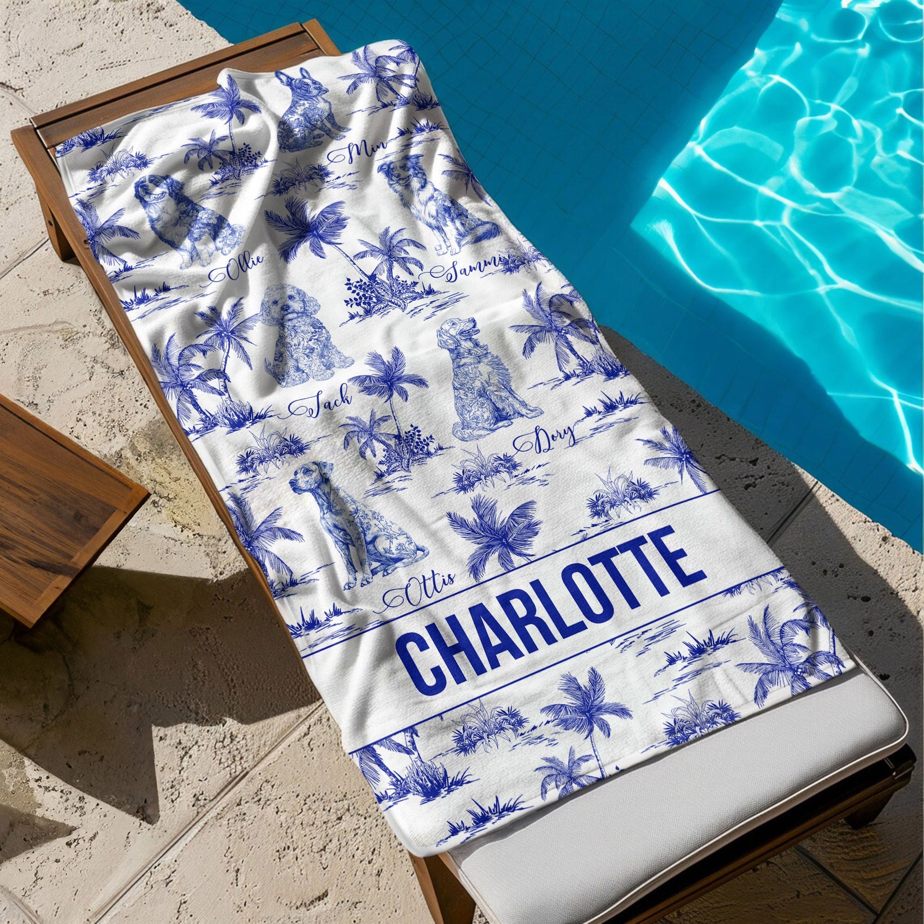Dog Floral Toile De Jouy Chinoiserie French - Personalized Quick-Dry Beach Towel
