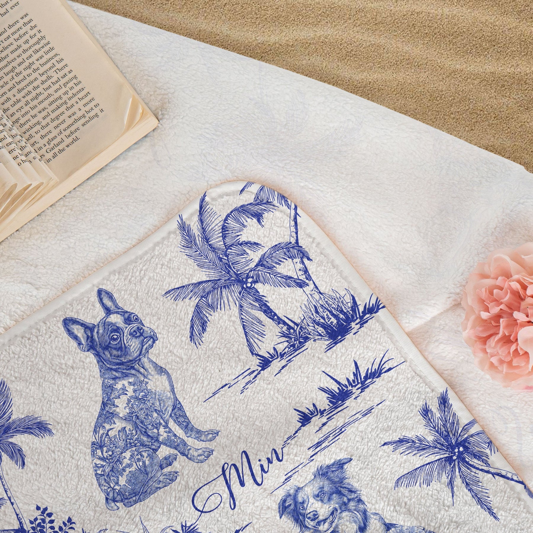 Dog Floral Toile De Jouy Chinoiserie French - Personalized Quick-Dry Beach Towel