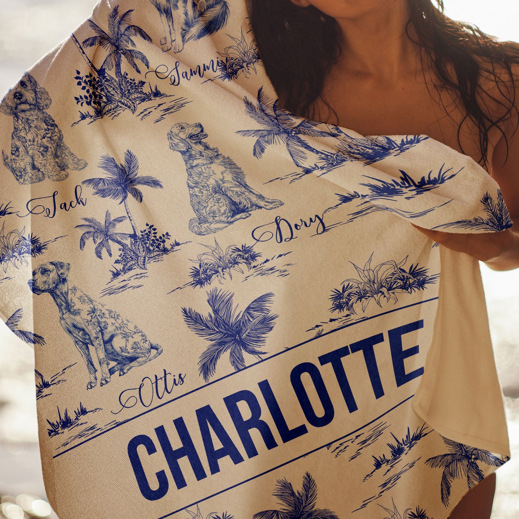 Dog Floral Toile De Jouy Chinoiserie French - Personalized Quick-Dry Beach Towel