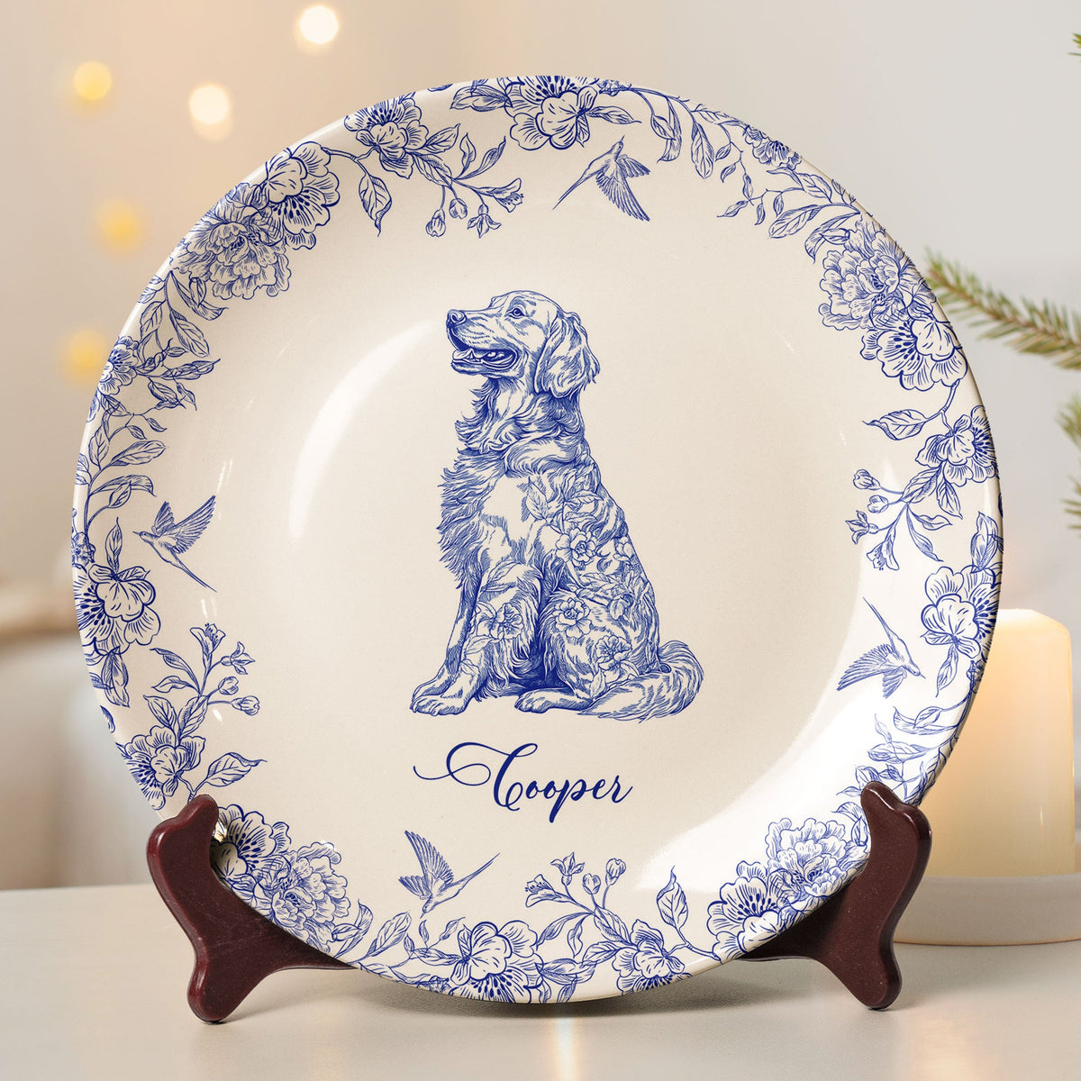 Dog Lover Custom Gift Chinoiserie Toile De Jouy Style - Personalized Ceramic Plate