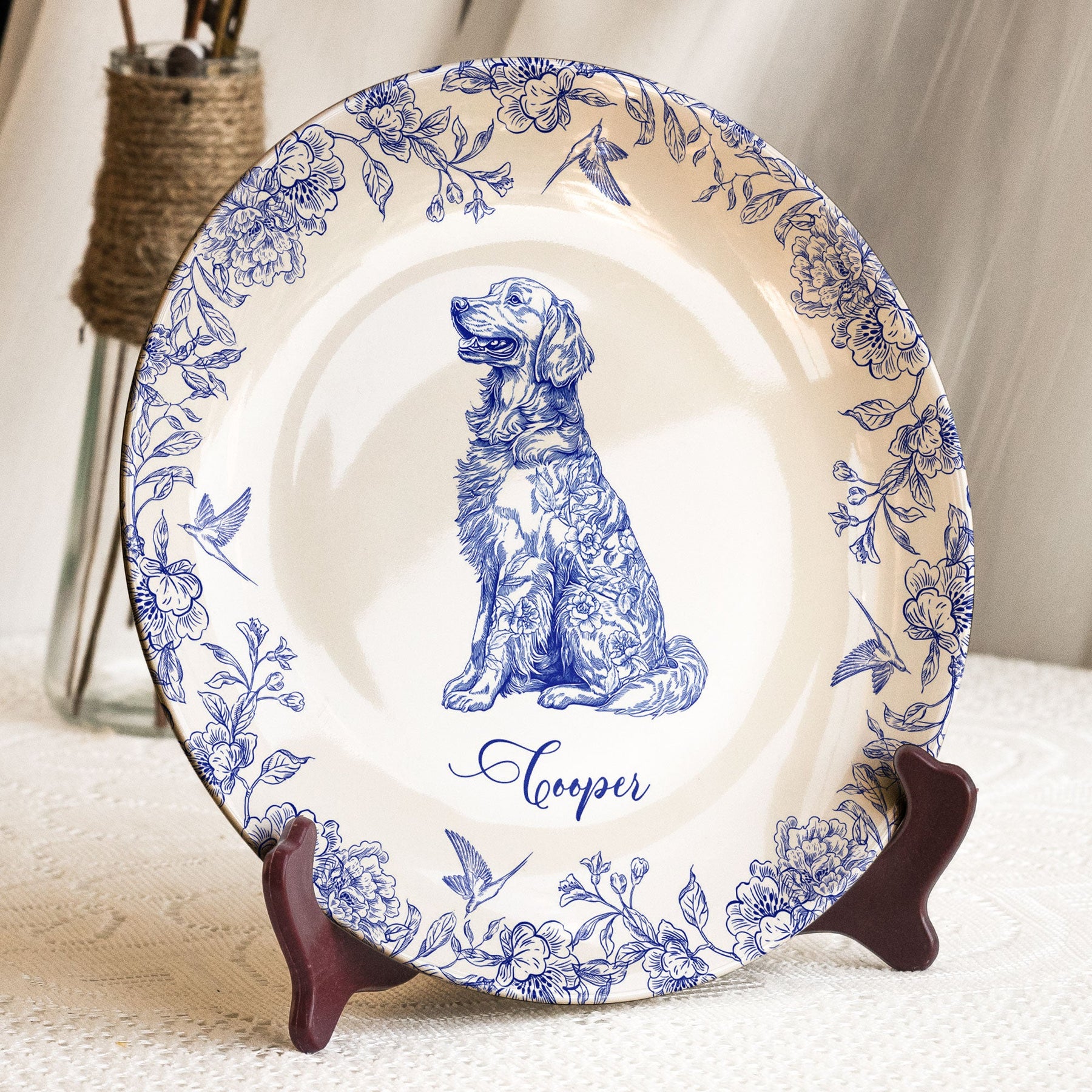 Dog Lover Custom Gift Chinoiserie Toile De Jouy Style - Personalized Ceramic Plate