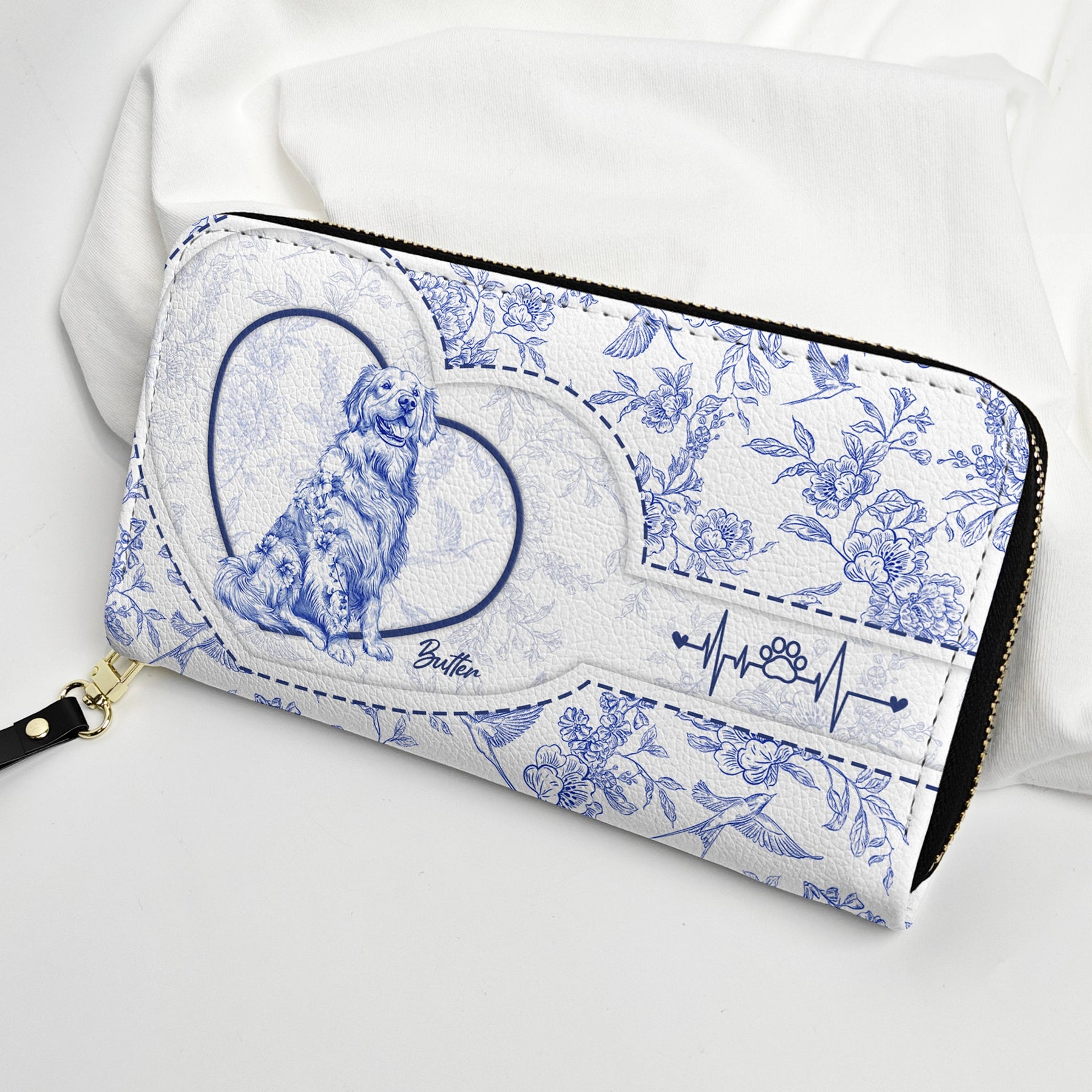 Dog Lover Gift Custom Toile De Jouy French Style - Personalized Leather Long Wallet