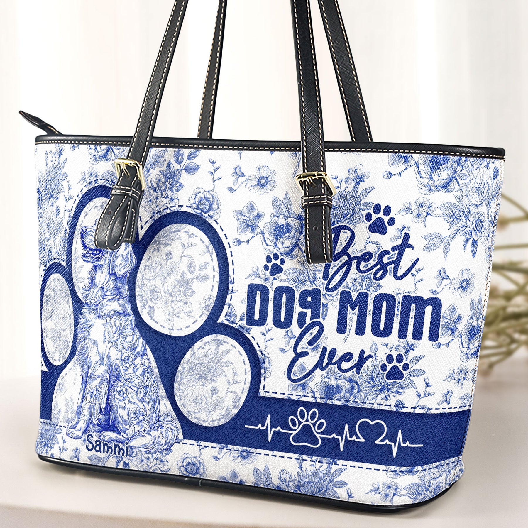 Dog Mom Gift Floral Toile De Jouy Chinoiserie - Personalized Leather Tote Bag