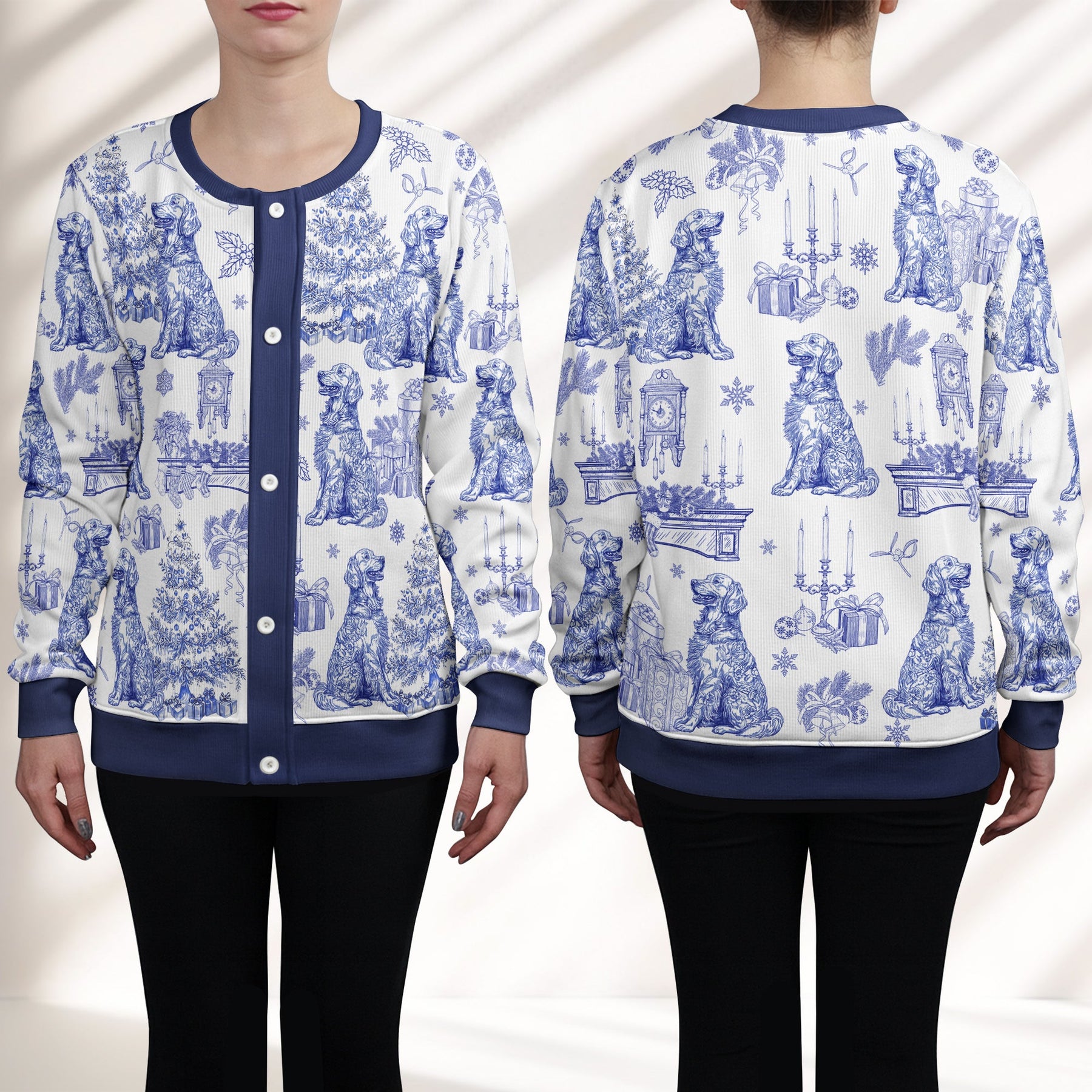 Dog Mom Toile De Jouy Christmas Themed - Personalized Crewneck Cardigan