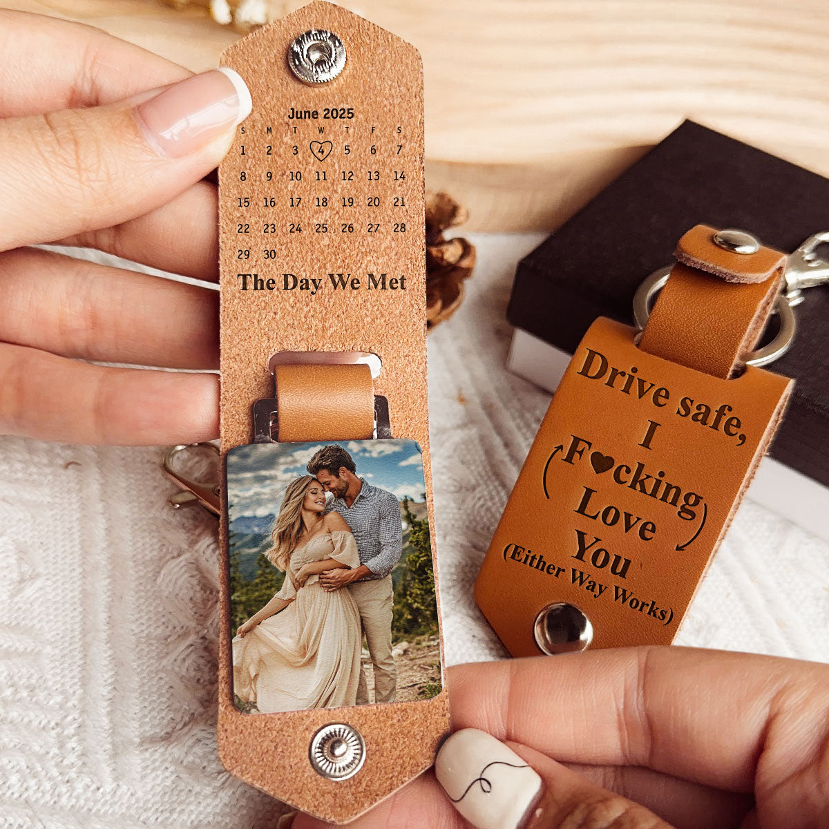 Drive Safe Custom Calendar Special Date & Photo - Personalized Leather Photo Keychain