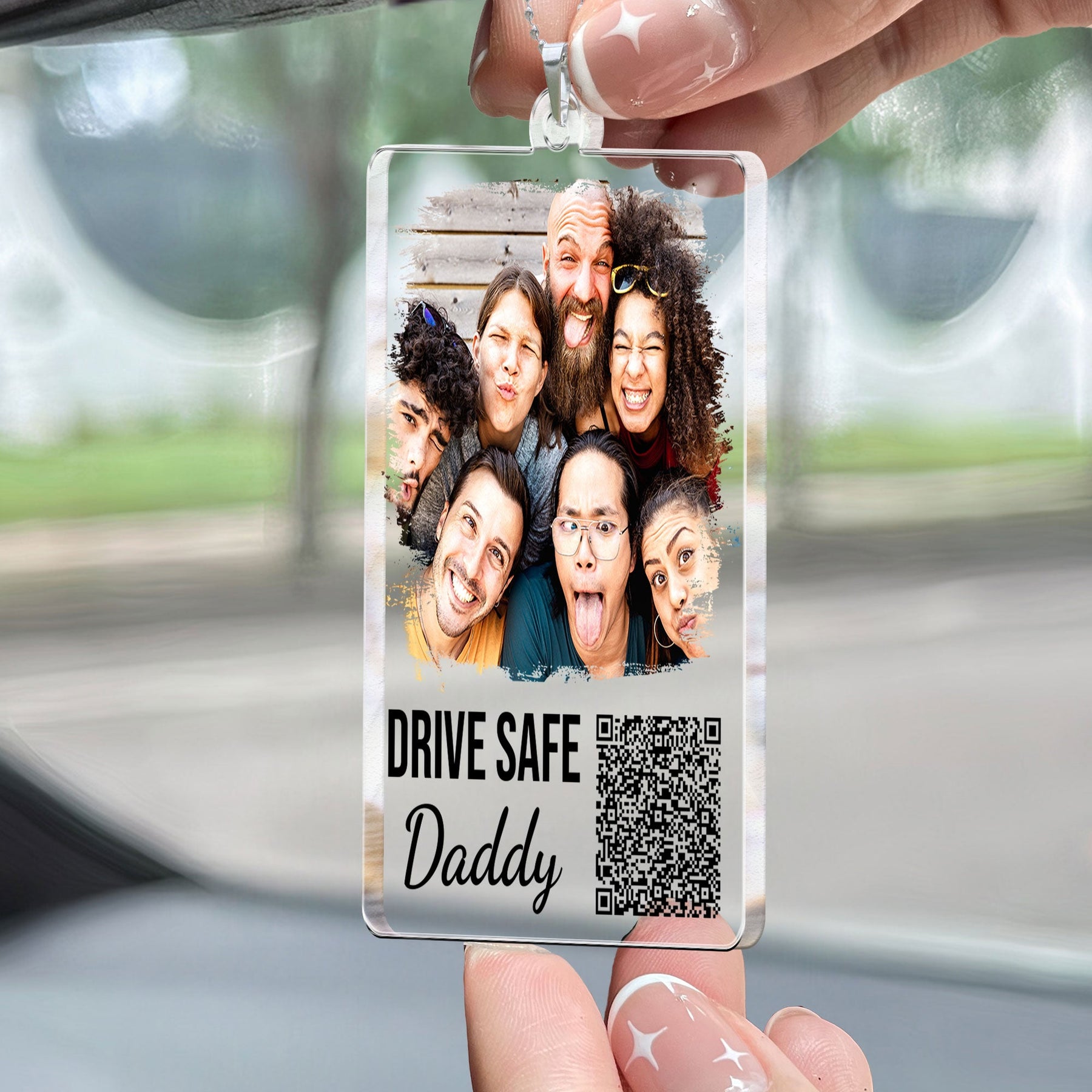 Drive Safe Daddy Qr Message - Personalized Photo Rear View Mirror Accessory
