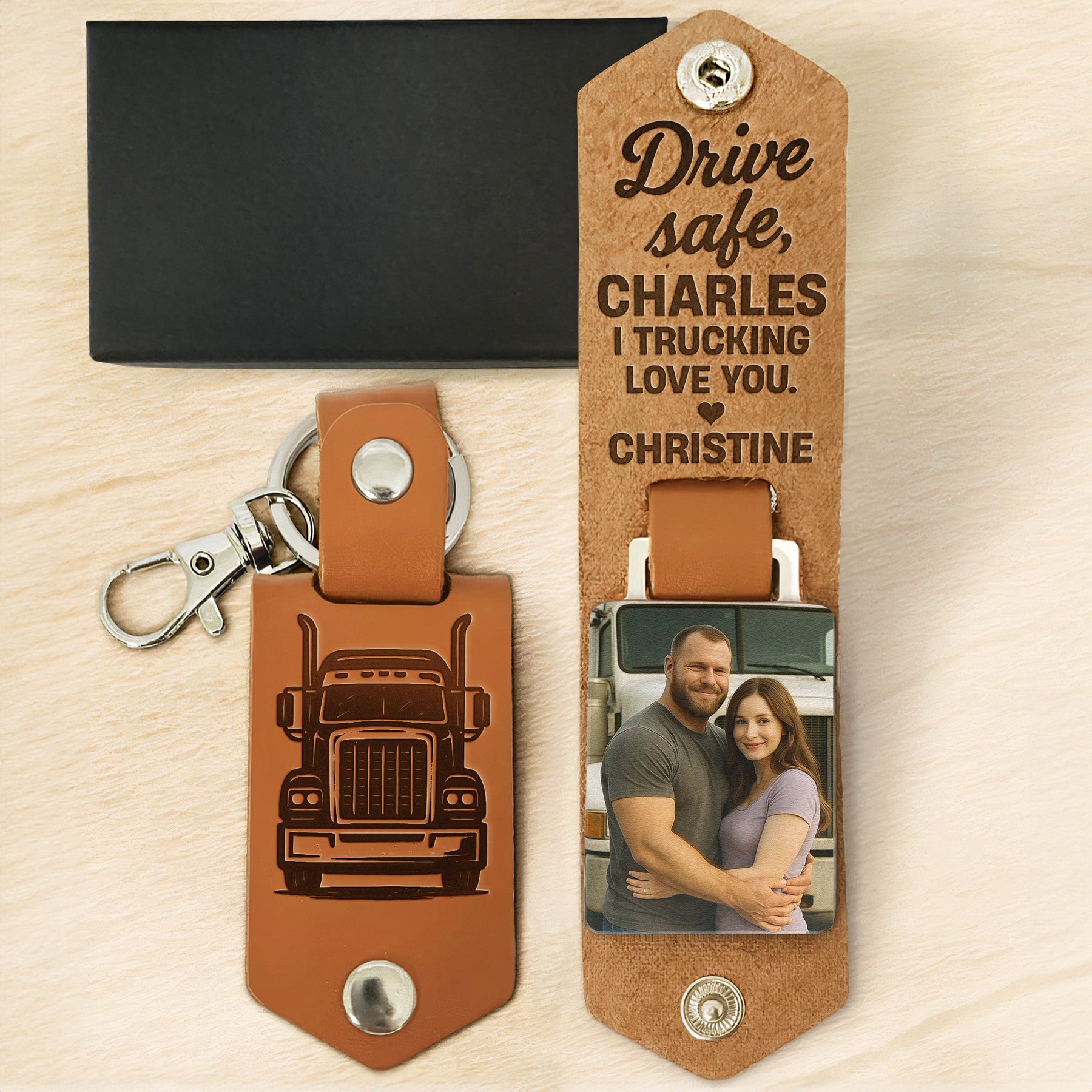Drive Safe I Trucking Love You - Personalized Leather Photo Keychain