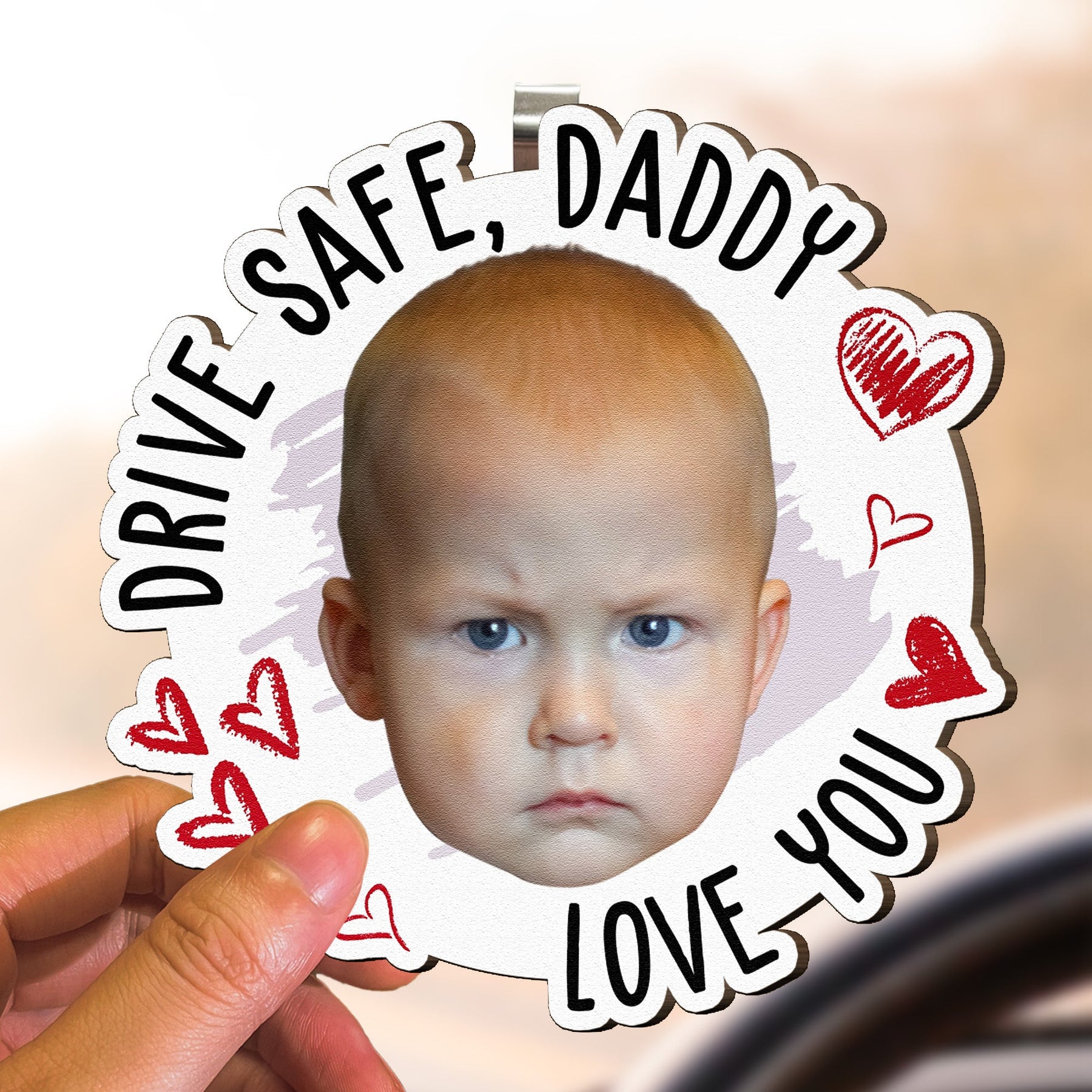 Drive Safe, Daddy Fun Kid Faces - Personalized Wooden Photo Car Visor Clip