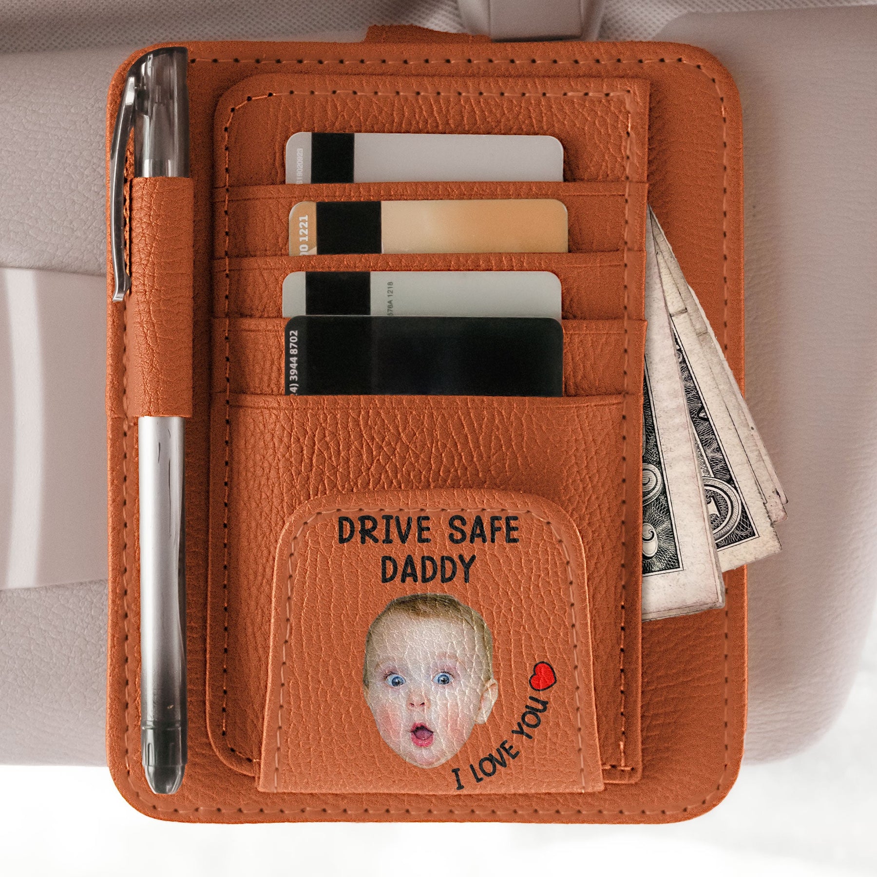 Drive Safe, Daddy - Personalized Photo Leather Car Visor Organizer