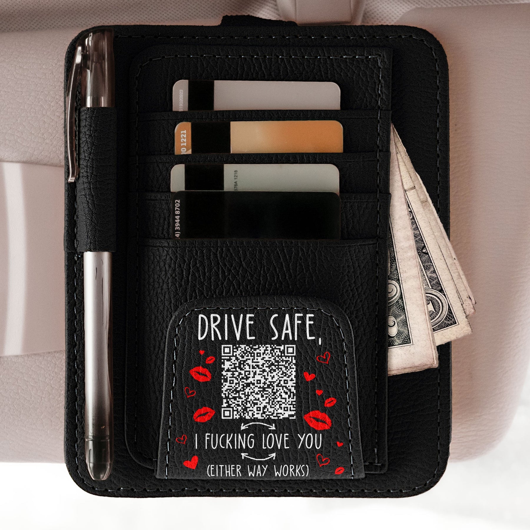 Drive Safe, I Fcking Love You QR Scan - Personalized Leather Car Visor Organizer