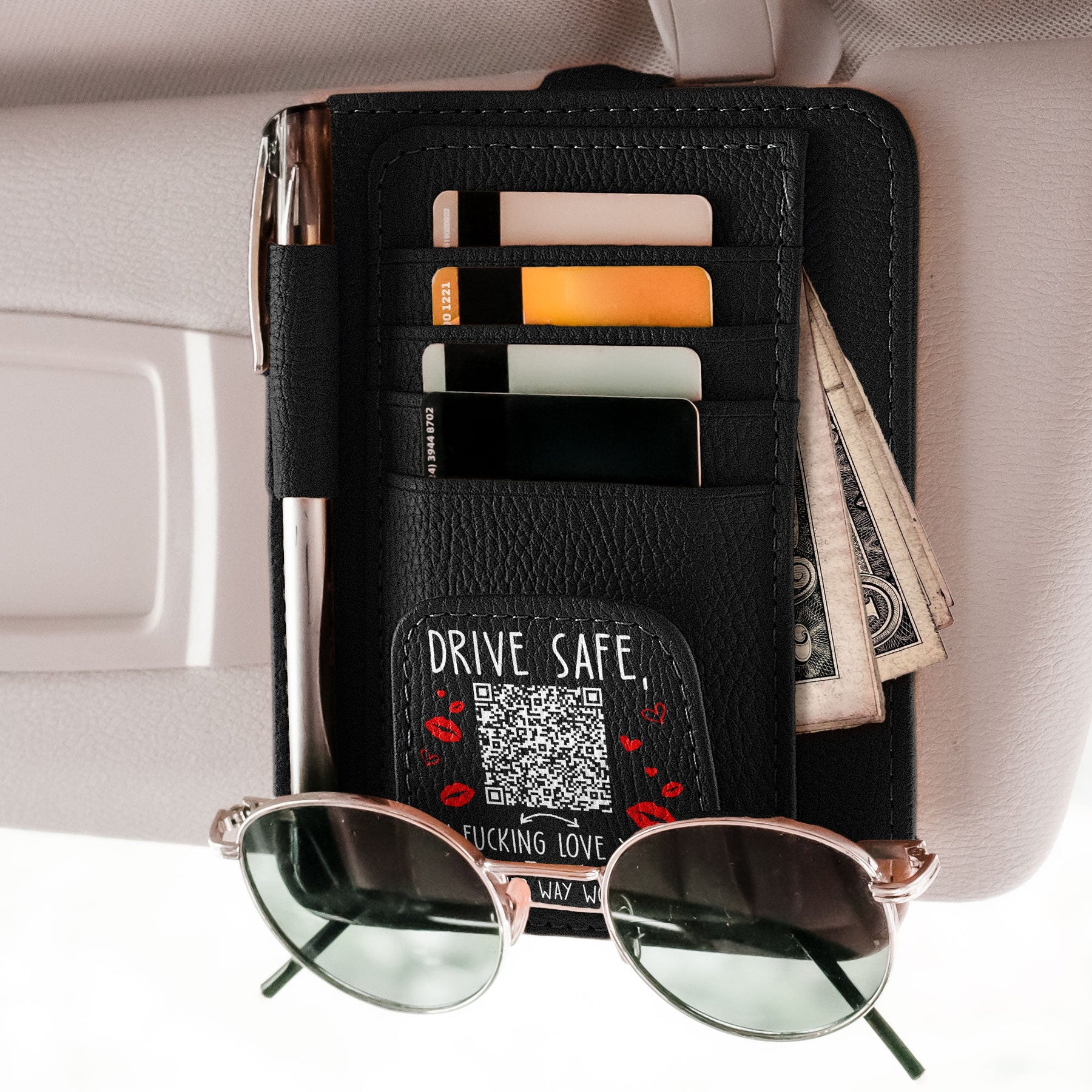 Drive Safe, I Fcking Love You QR Scan - Personalized Leather Car Visor Organizer