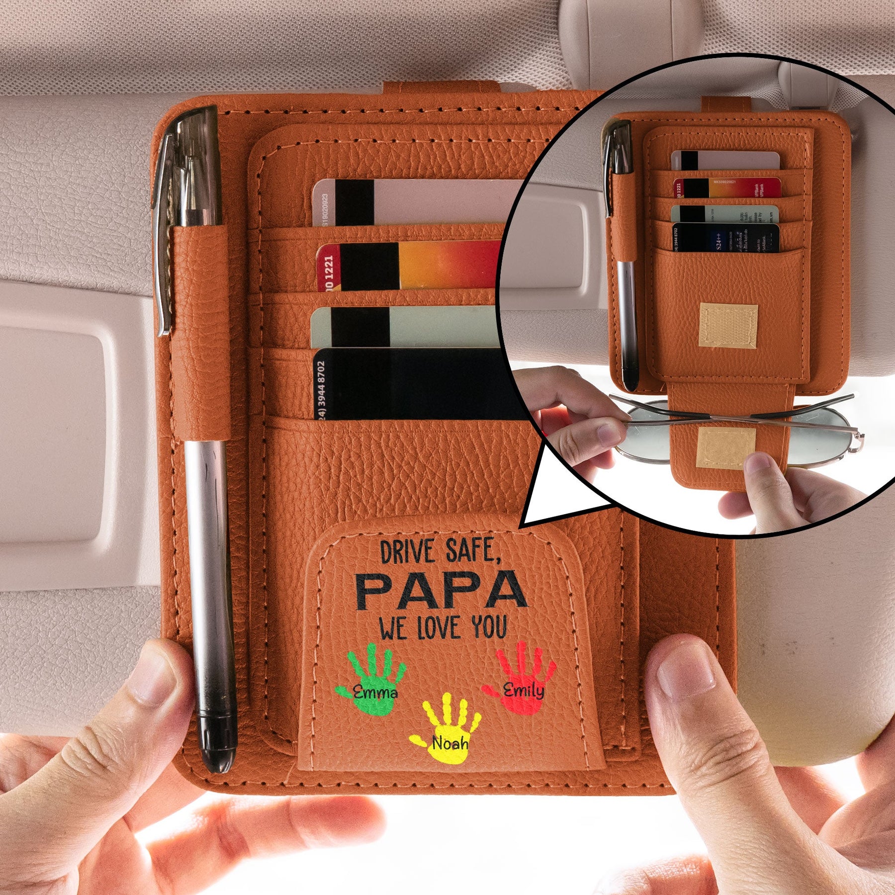 Drive Safe, Papa We Love You! - Personalized Leather Car Visor Organizer