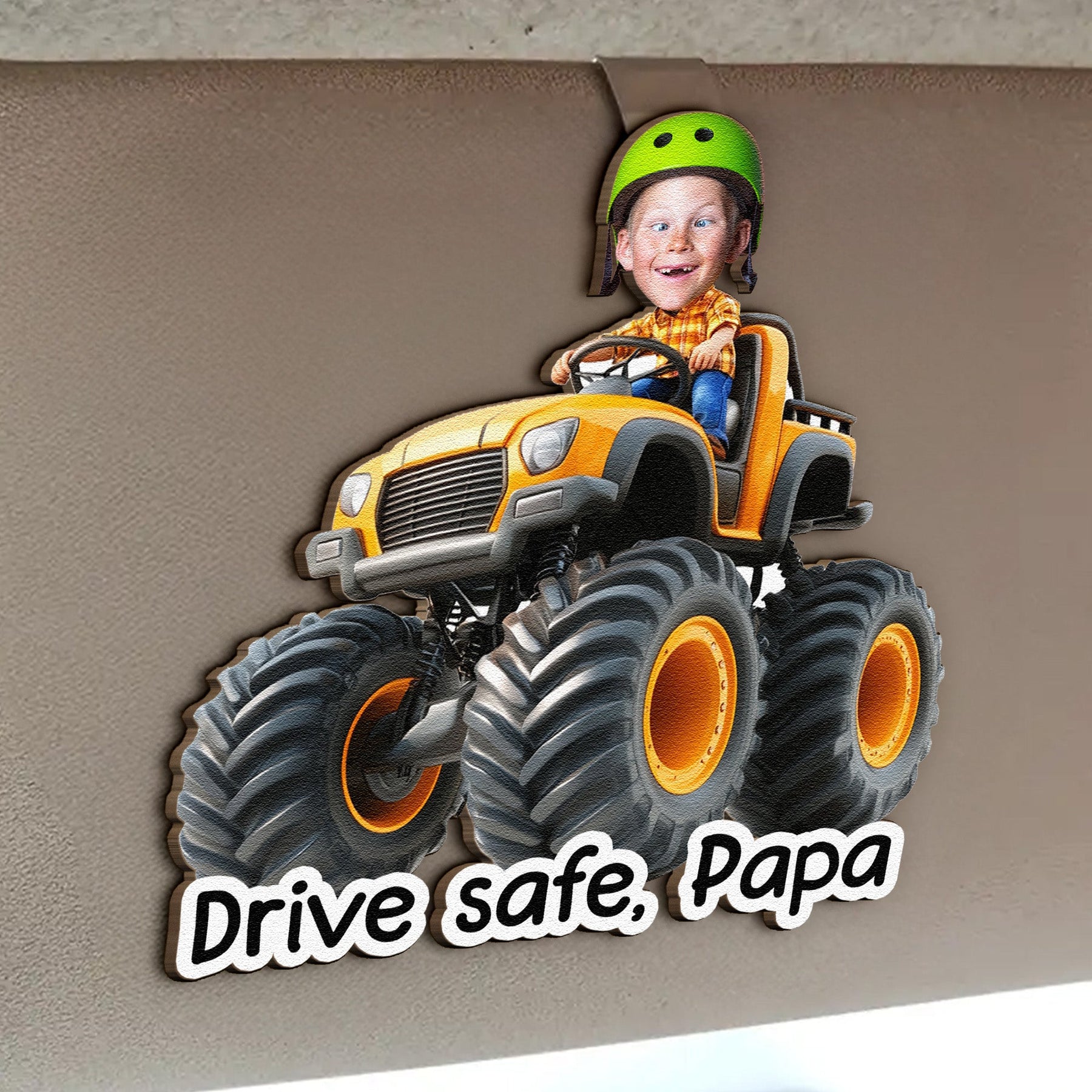 Drive Safe, Daddy, Papa, Mommy, Grandma - Custom Kids' Face Monster Truck - Personalized Car Visor Clip
