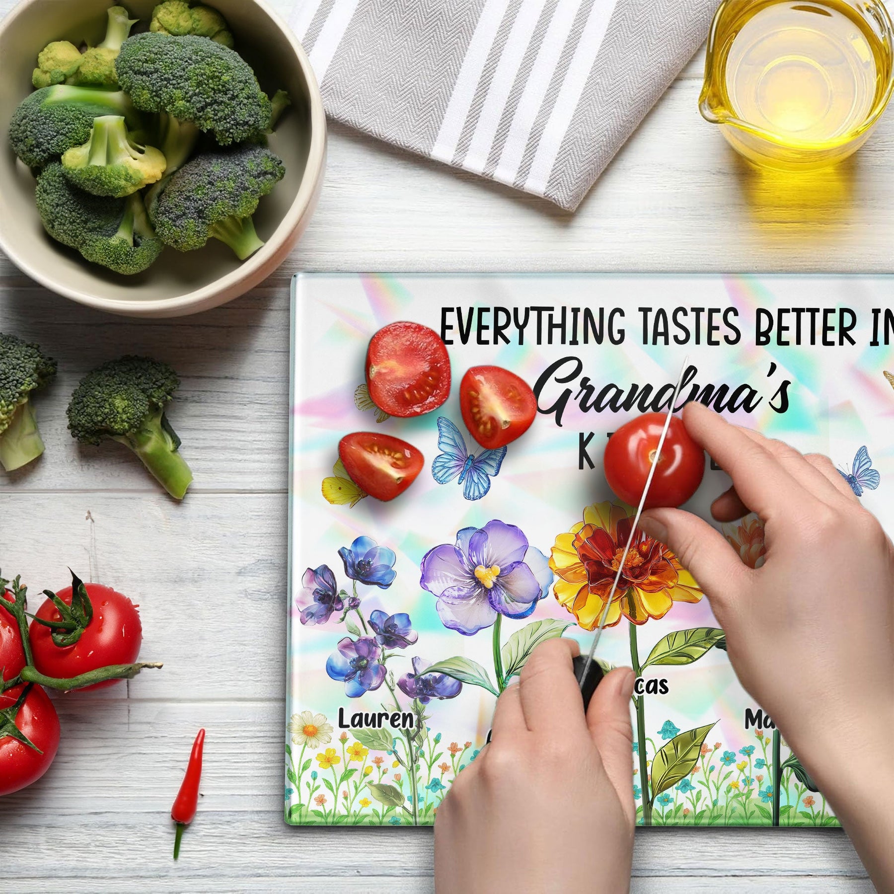Everything Tastes Better In Mom’s Kitchen, Grandma's Kitchen - Personalized Cutting Board