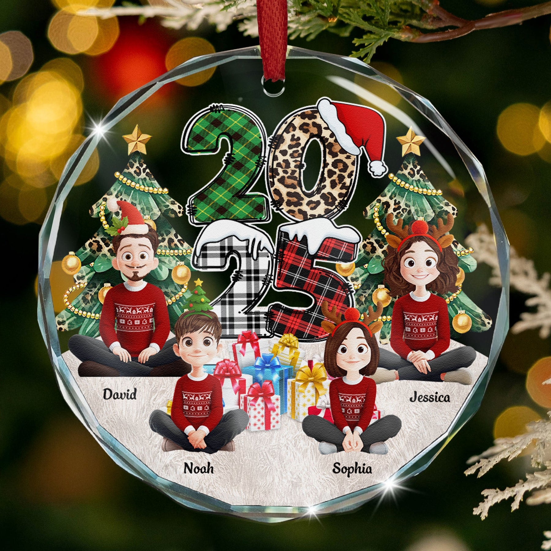Family Couple Friends Sitting 2026 Cartoon Version - Personalized Glass Ornament