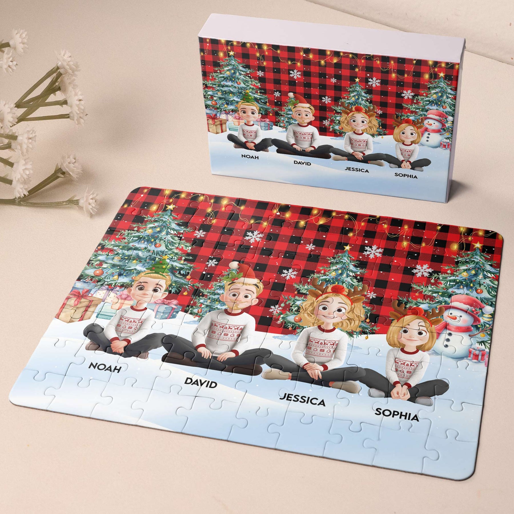 Family Sitting Festive Plant Buffalo Plaid - Personalized Jigsaw Puzzle