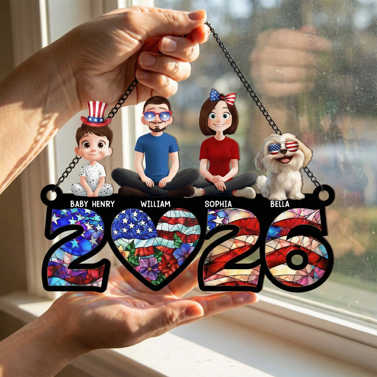 Family Sitting Happy Birthday USA - Personalized Window Hanging Suncatcher Ornament