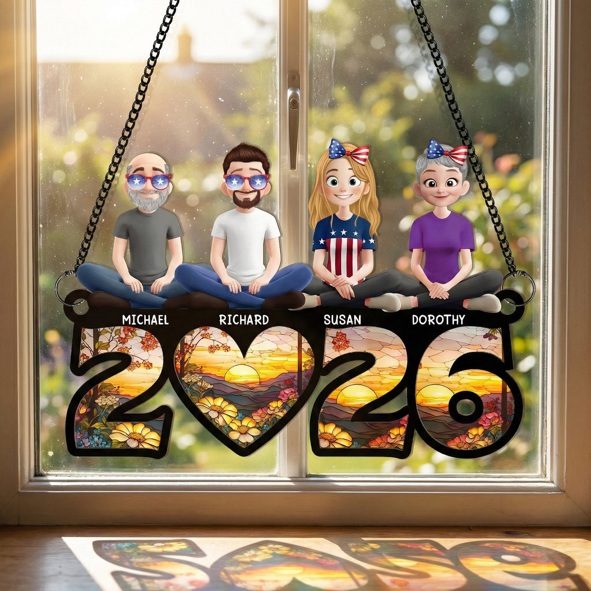 Family Sitting Happy Birthday USA - Personalized Window Hanging Suncatcher Ornament
