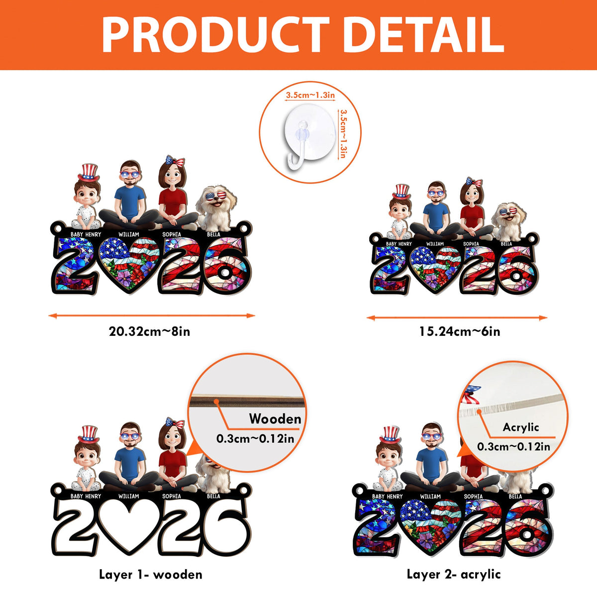 Family Sitting Happy Birthday USA - Personalized Window Hanging Suncatcher Ornament
