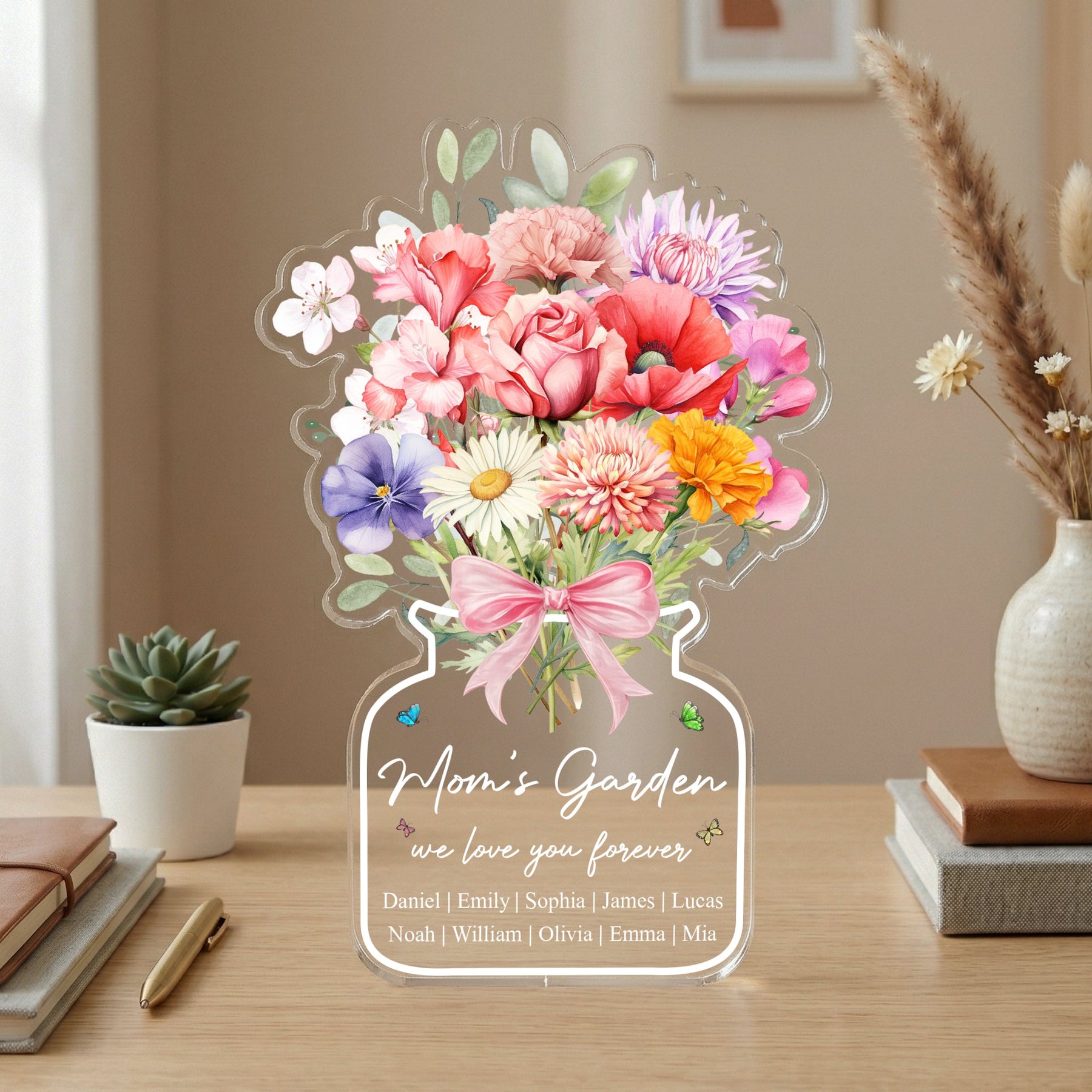 Family Birth Flower Bouquet Flowers Gift For Mom, Grandma, Family - Personalized Acrylic Plaque