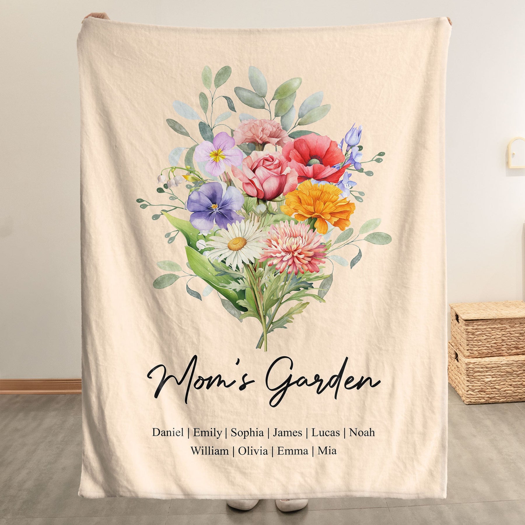 Family Birth Flower Bouquet Flowers Gift For Mom, Grandma, Family - Personalized Blanket