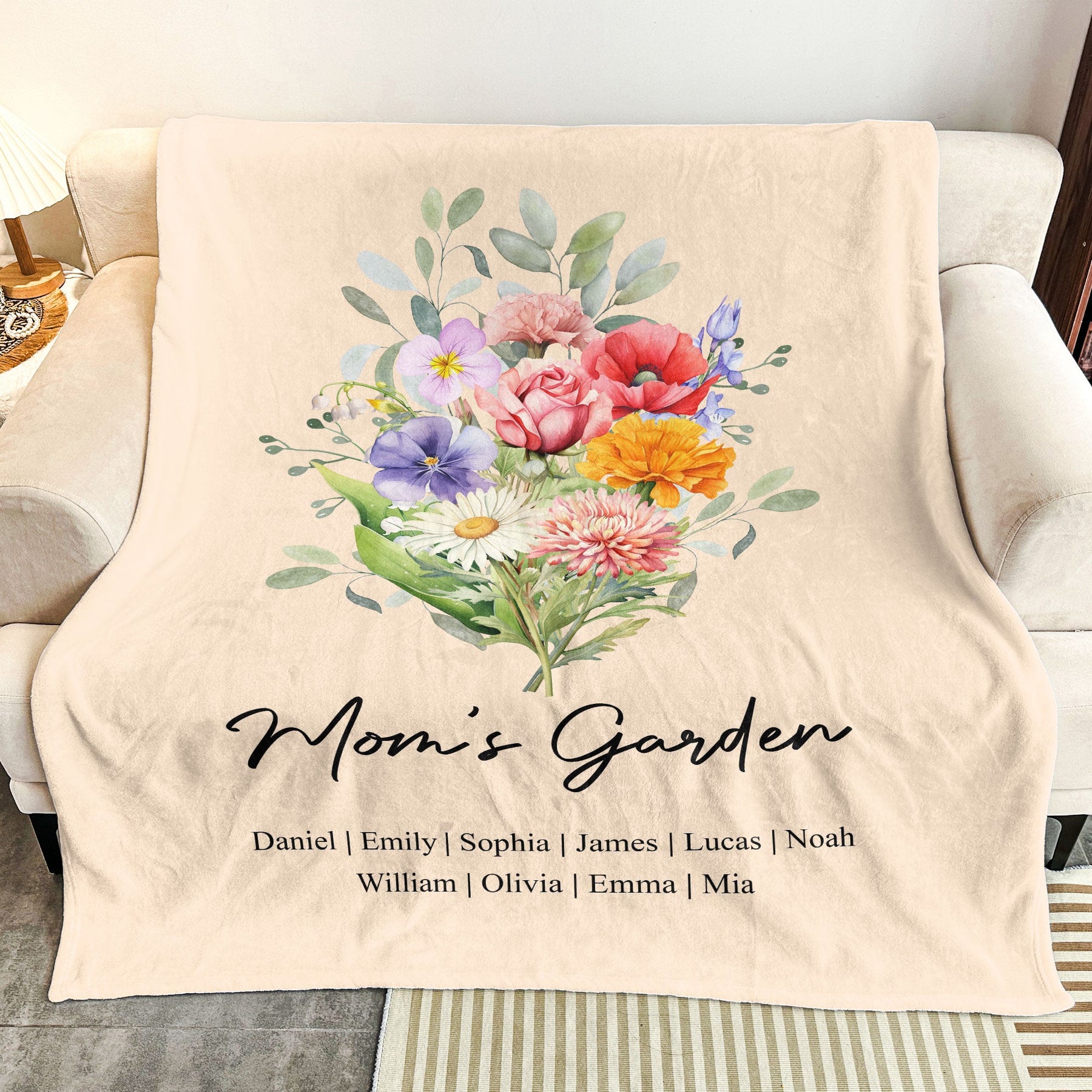 Family Birth Flower Bouquet Flowers Gift For Mom, Grandma, Family - Personalized Blanket